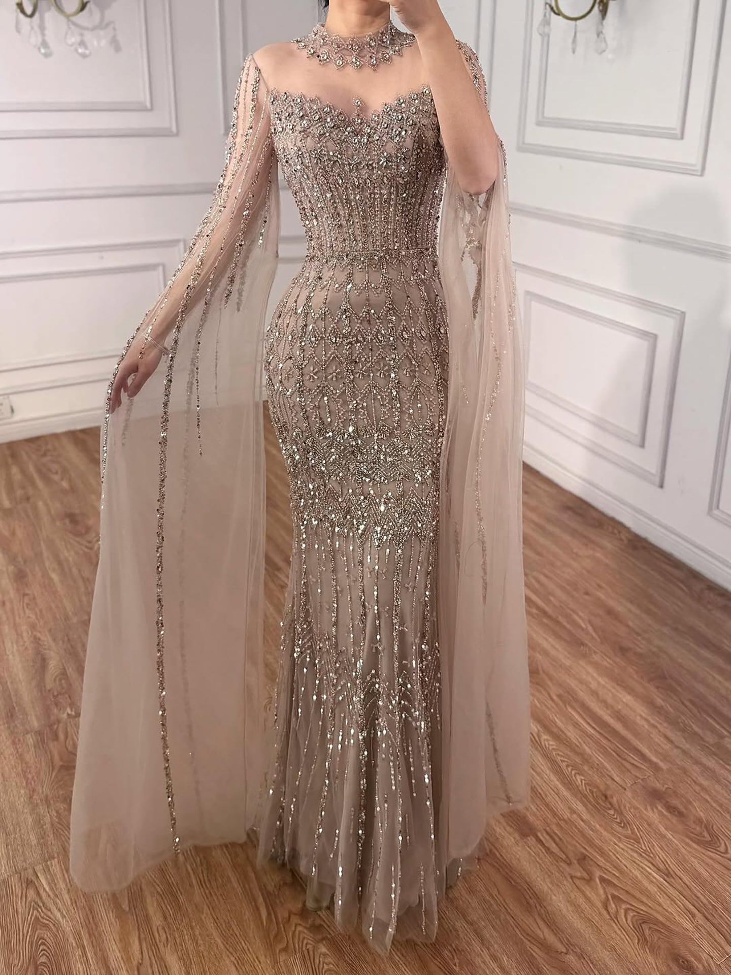 Luxury Arabic Blue Beaded Mermaid Evening Dress with Long Cape Sleeves LA72714AA - SERENE HILL