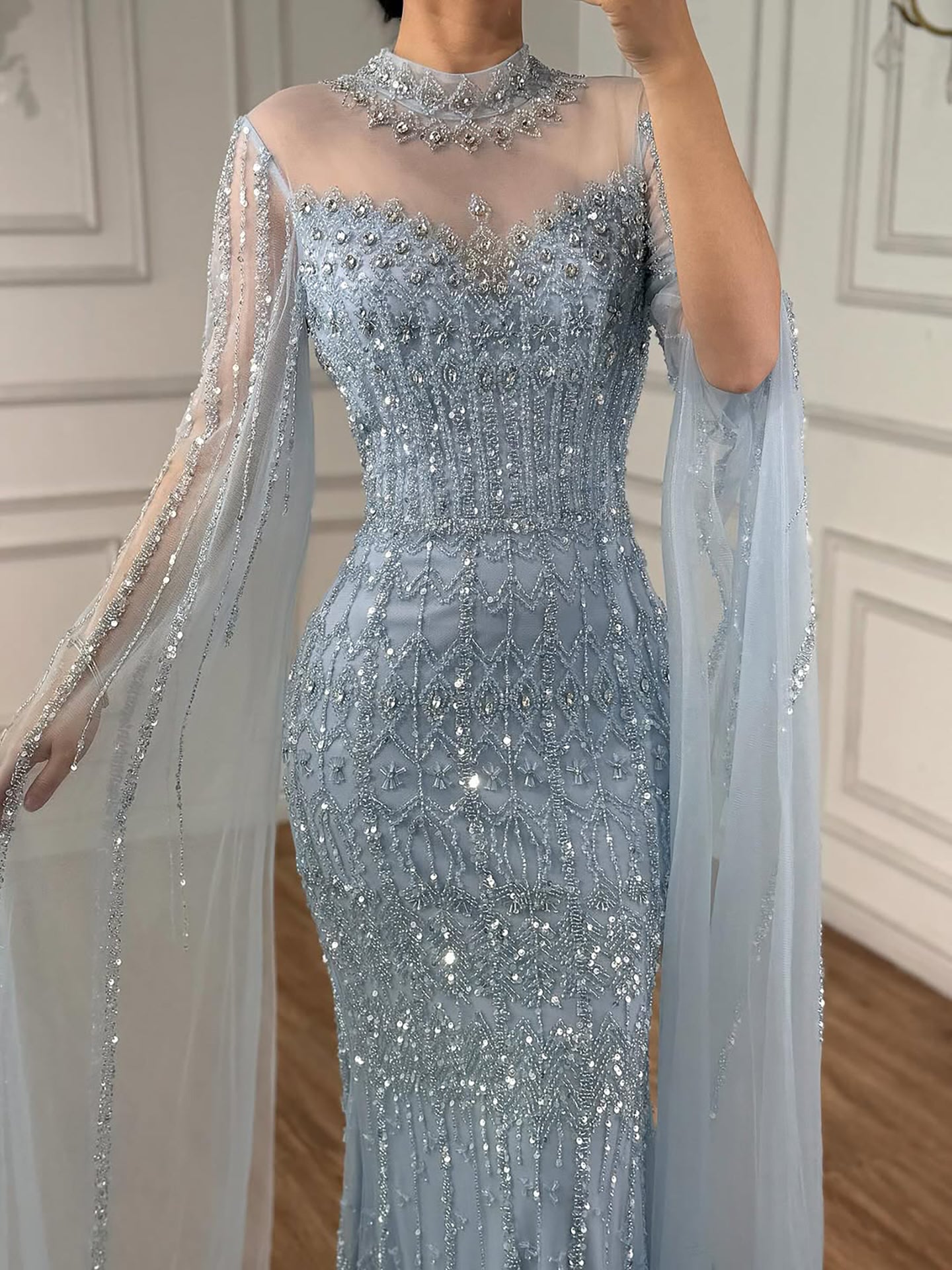 Luxury Arabic Blue Beaded Mermaid Evening Dress with Long Cape Sleeves LA72714AA - SERENE HILL