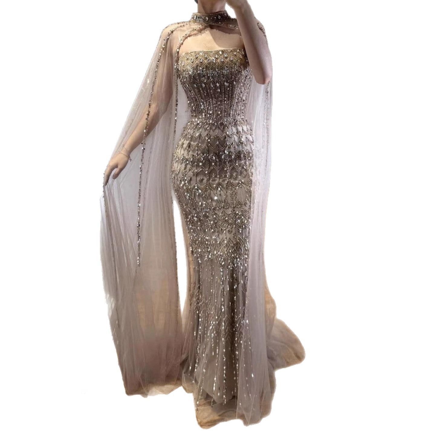 Luxury Turquoise Beaded Evening Dress with Detachable Cape LA72714B - SERENE HILL