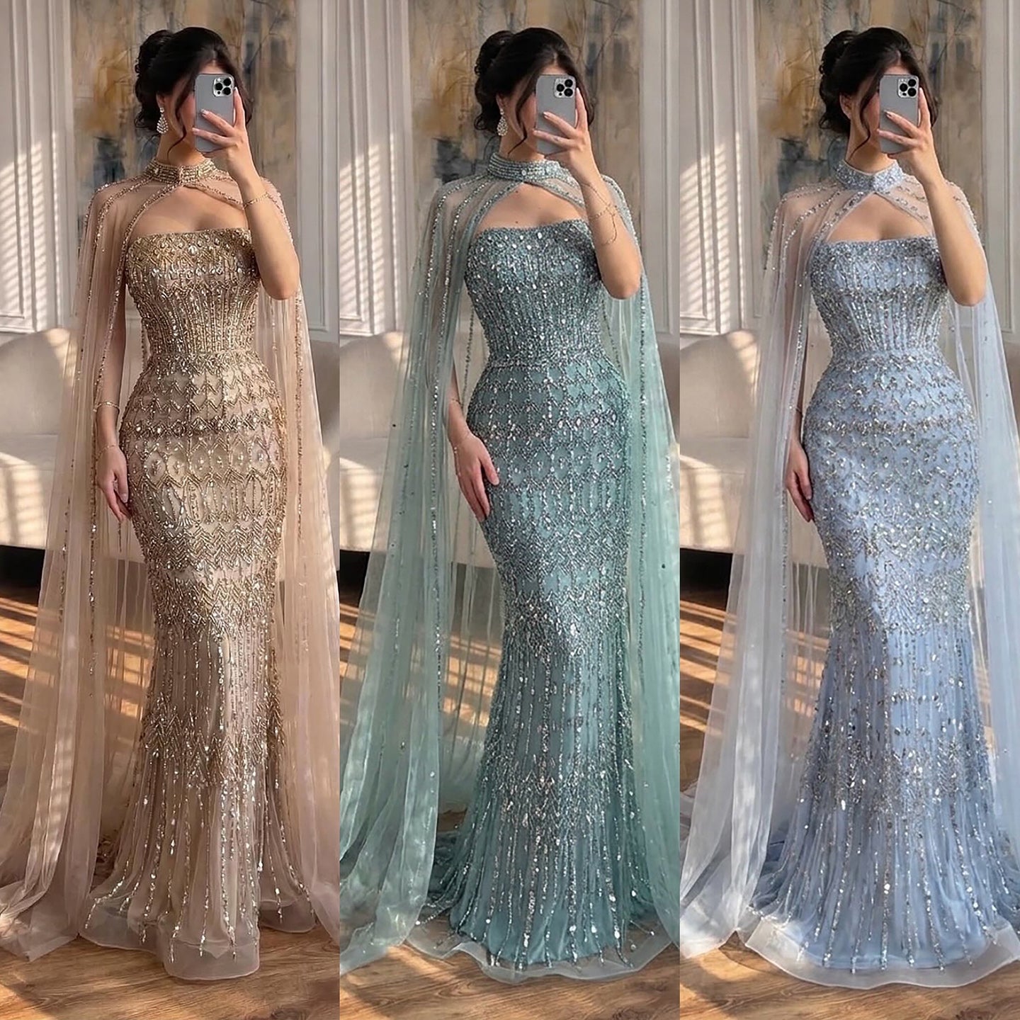 Luxury Turquoise Beaded Evening Dress with Detachable Cape LA72714B SERENE HILL