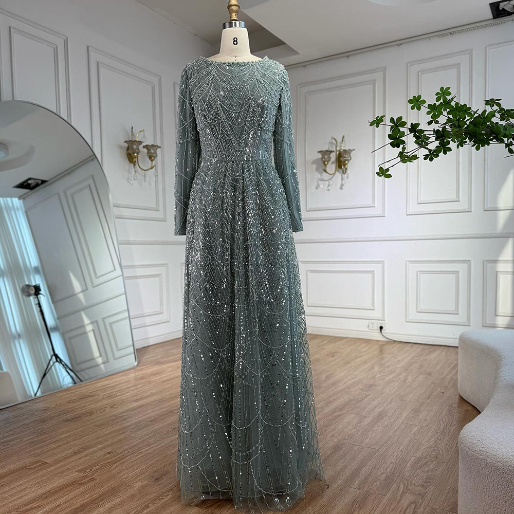 Luxury Olive Green Beaded A-Line Modest Evening Dress Plus Size LA72738B - SERENE HILL
