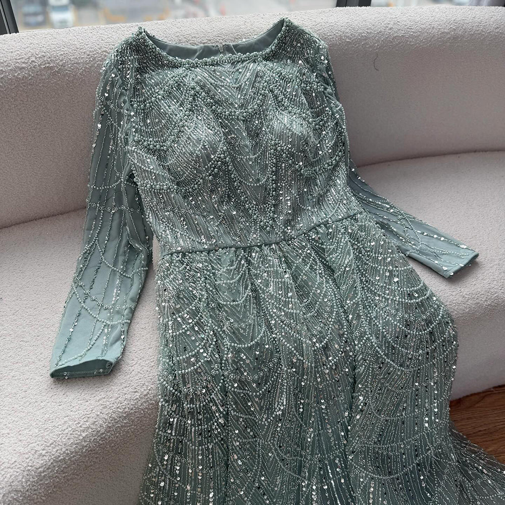 Luxury Olive Green Beaded A-Line Modest Evening Dress Plus Size LA72738B - SERENE HILL