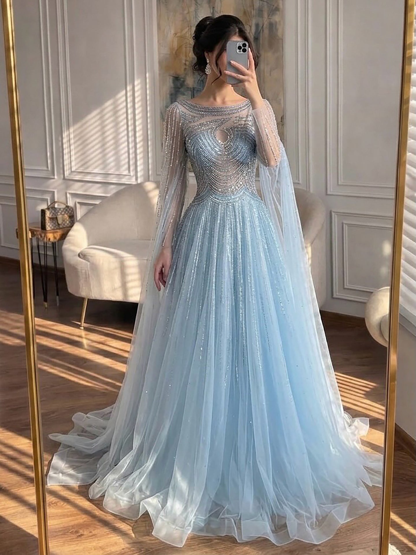 Luxury Caramel Beaded Cape Sleeves A-Line Evening Dress LA72799 SERENE HILL