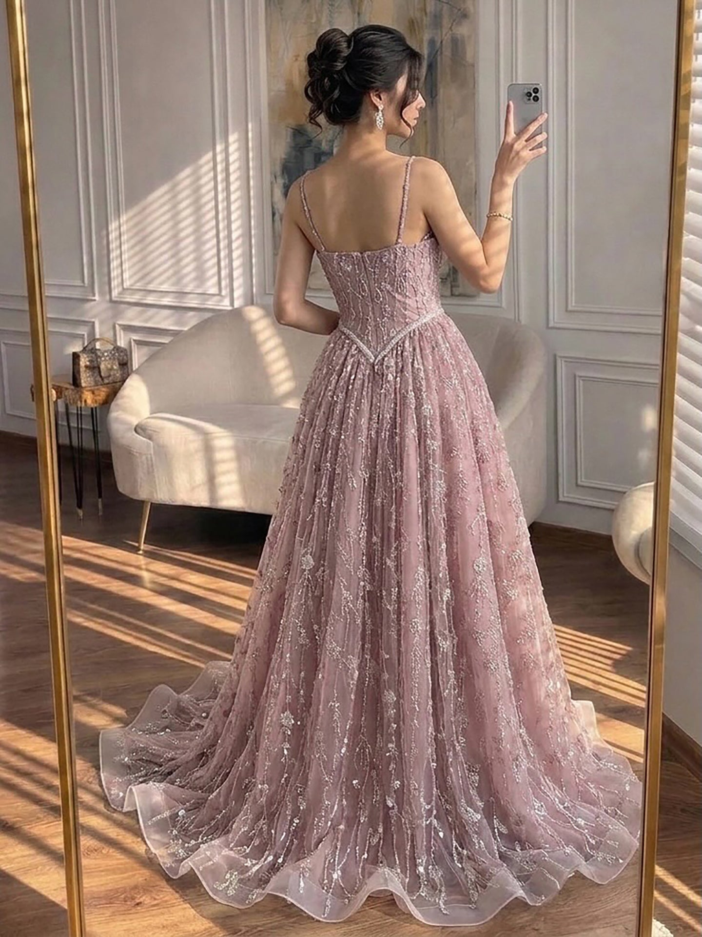 Luxury Sage Green Beaded A-Line Spaghetti Strap Evening Dress LA72805