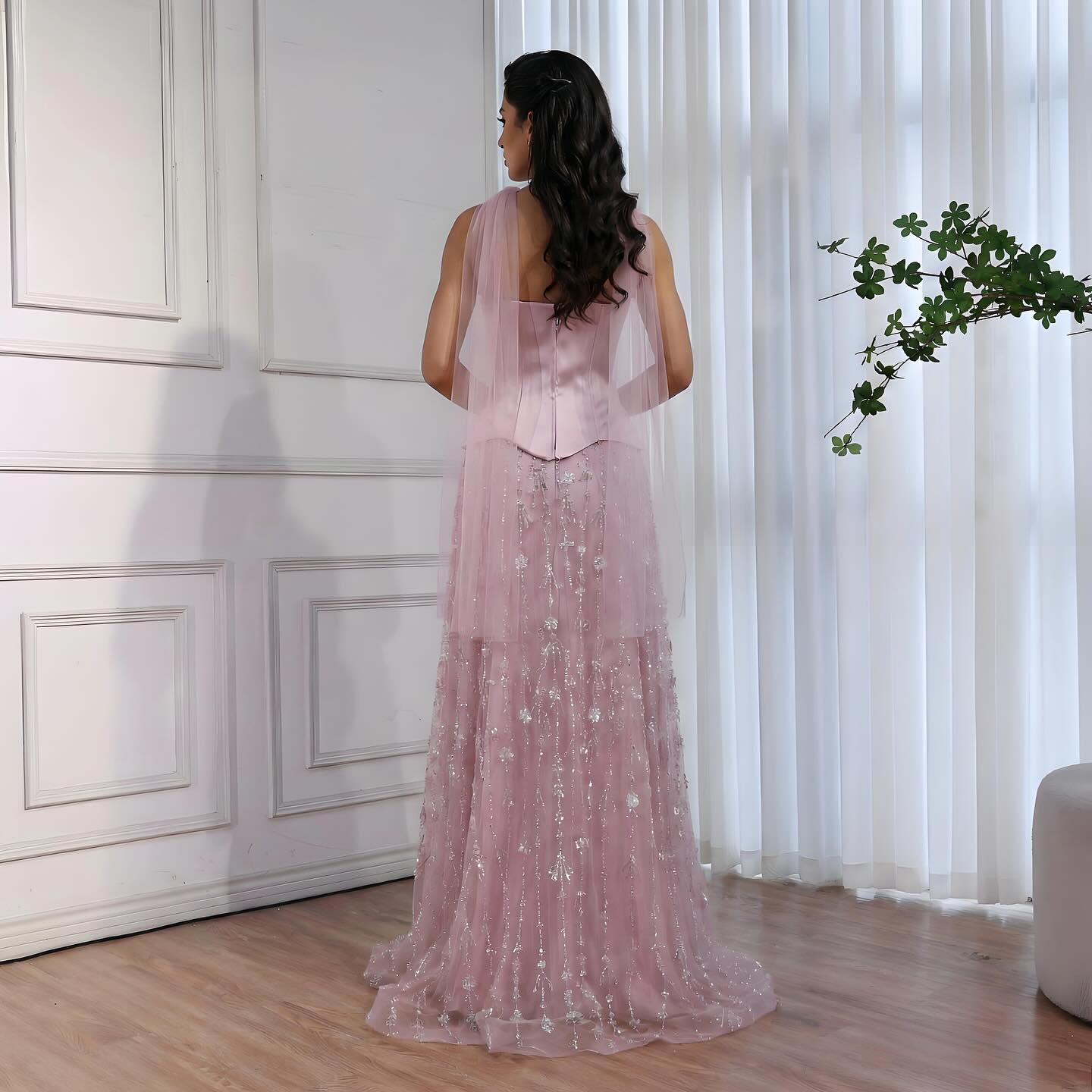 Luxury Sage Green and Pink Arabic Beaded Evening Dress LA72805D - SERENE HILL