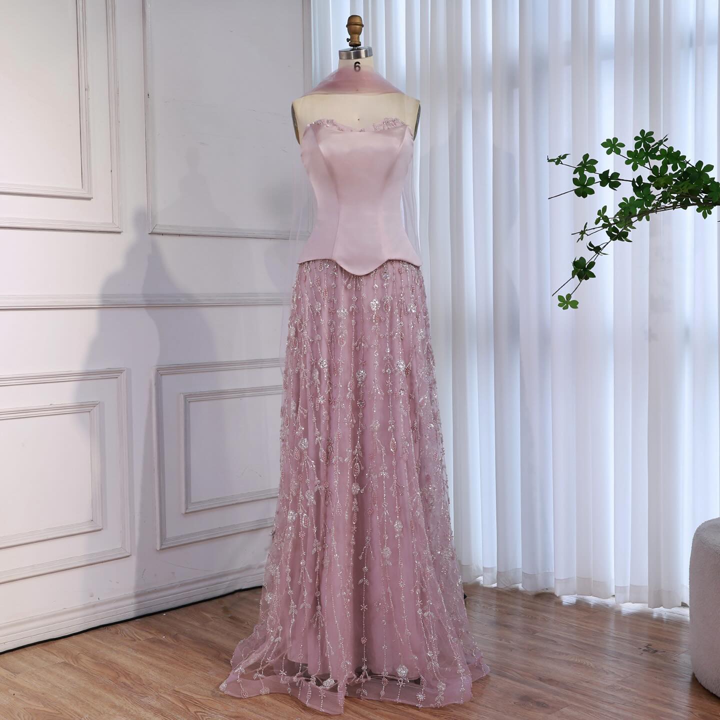 Luxury Sage Green and Pink Arabic Beaded Evening Dress LA72805D - SERENE HILL