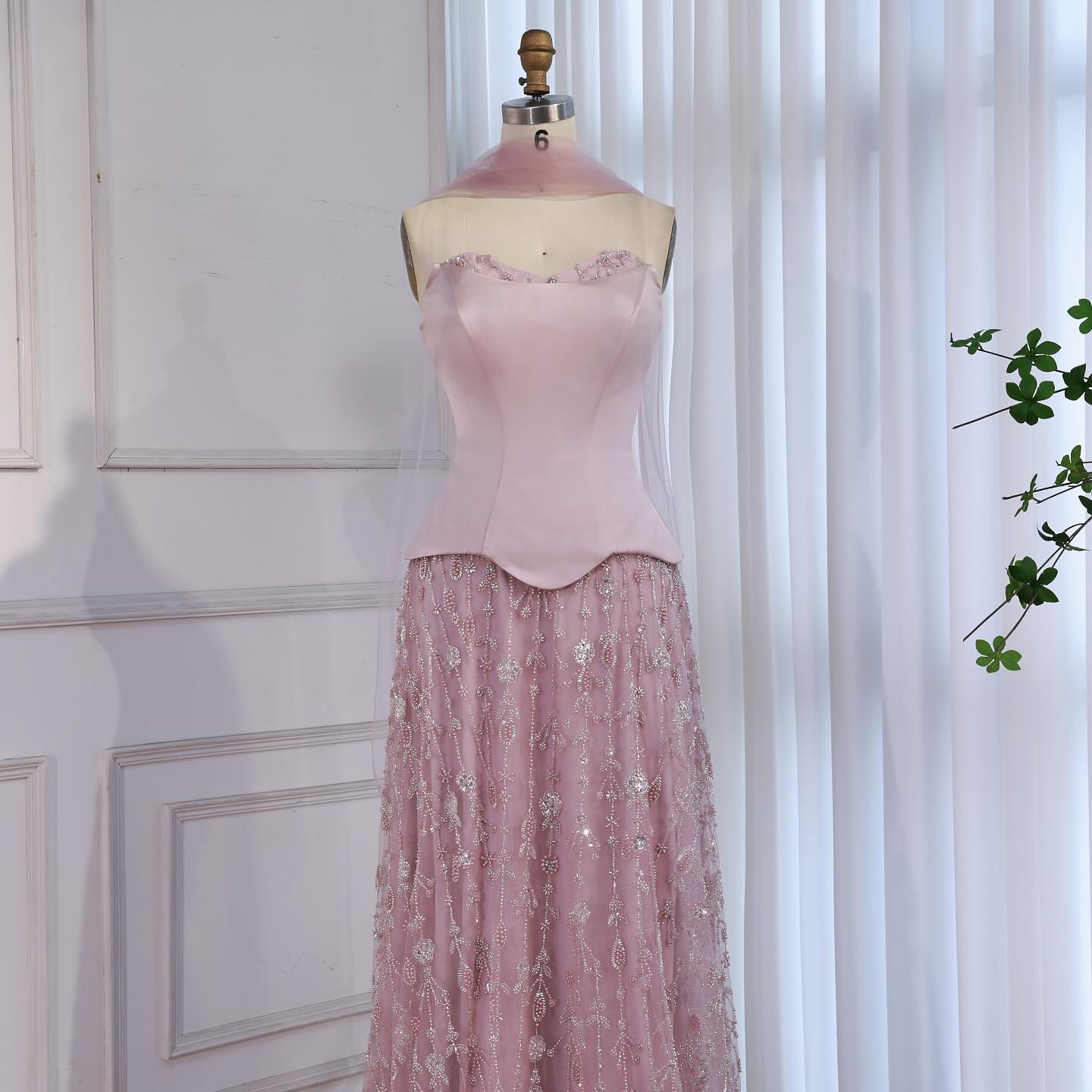 Luxury Sage Green and Pink Arabic Beaded Evening Dress LA72805D - SERENE HILL
