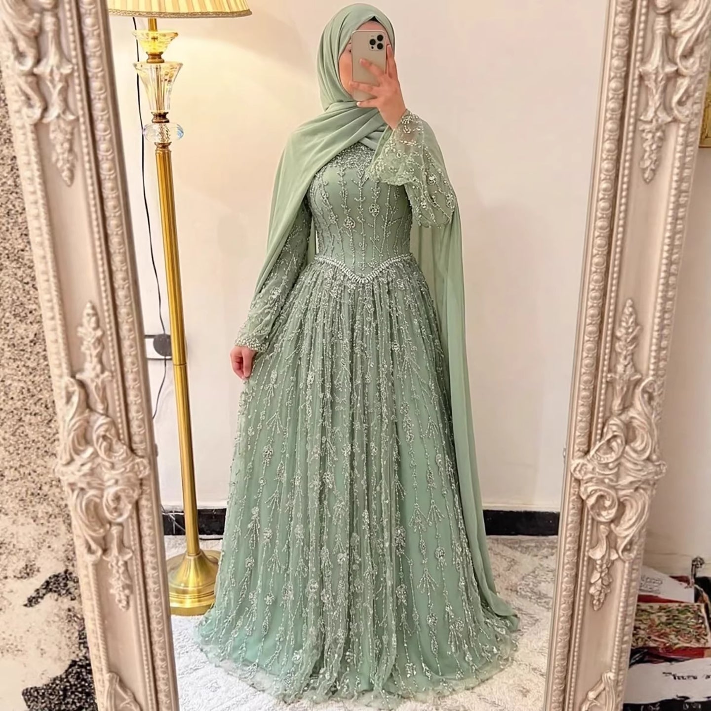 Luxury Sage Green Muslim Long Sleeve A-Line Evening Dress LA72805E - SERENE HILL