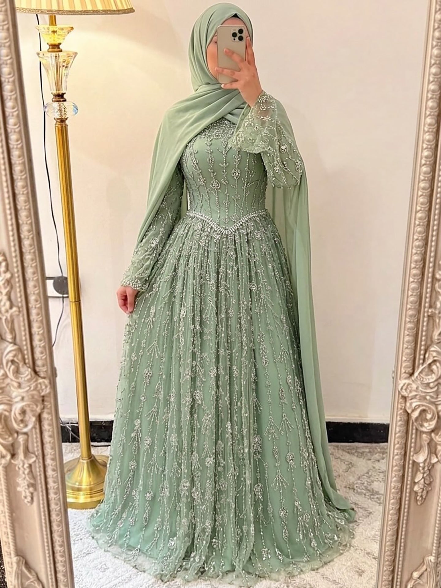Luxury Sage Green Muslim Long Sleeve A-Line Evening Dress LA72805E - SERENE HILL