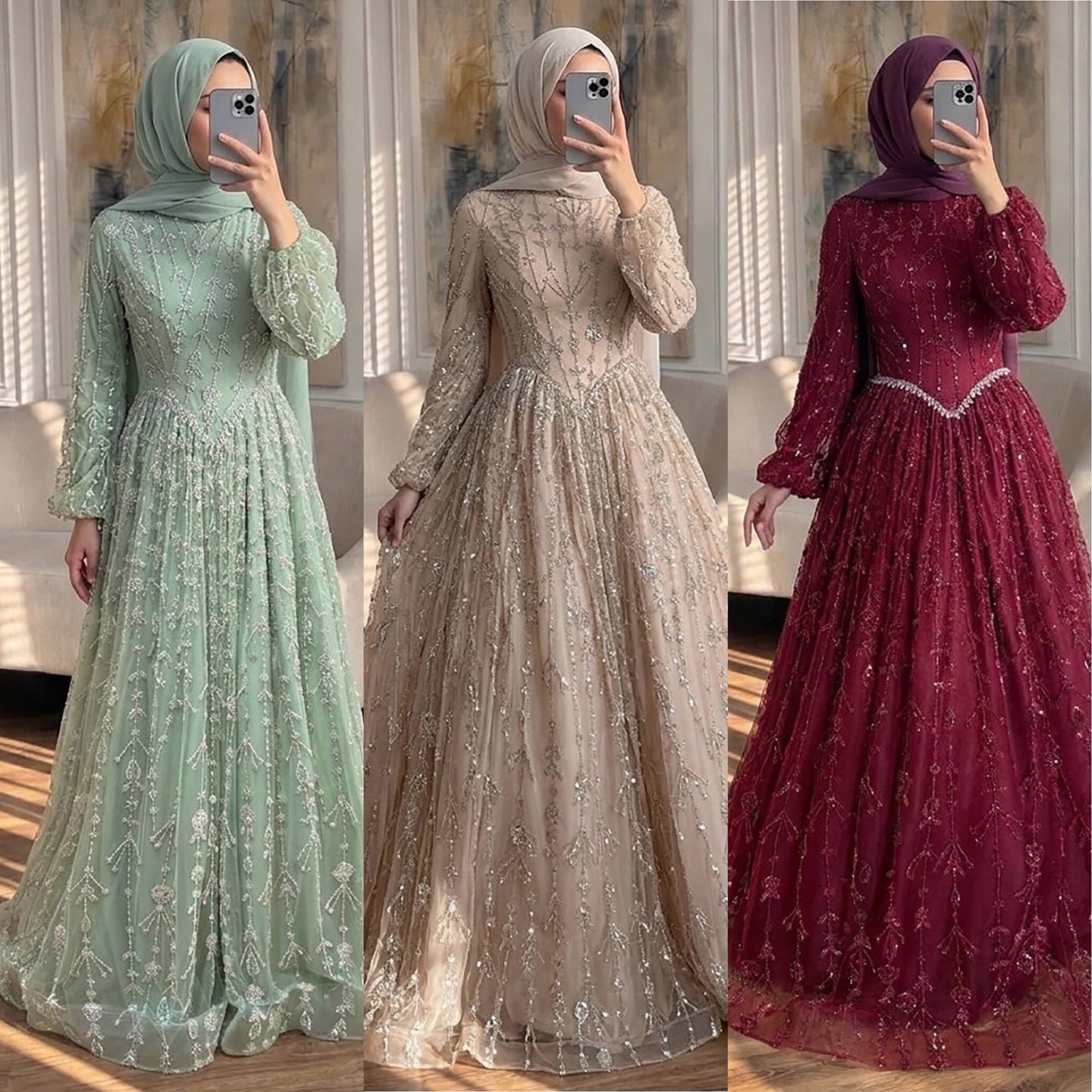 Luxury Sage Green Muslim Long Sleeve A-Line Evening Dress LA72805E SERENE HILL