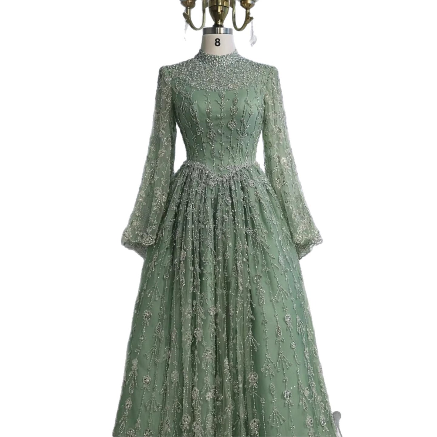 Luxury Sage Green Muslim Long Sleeve A-Line Evening Dress LA72805E - SERENE HILL