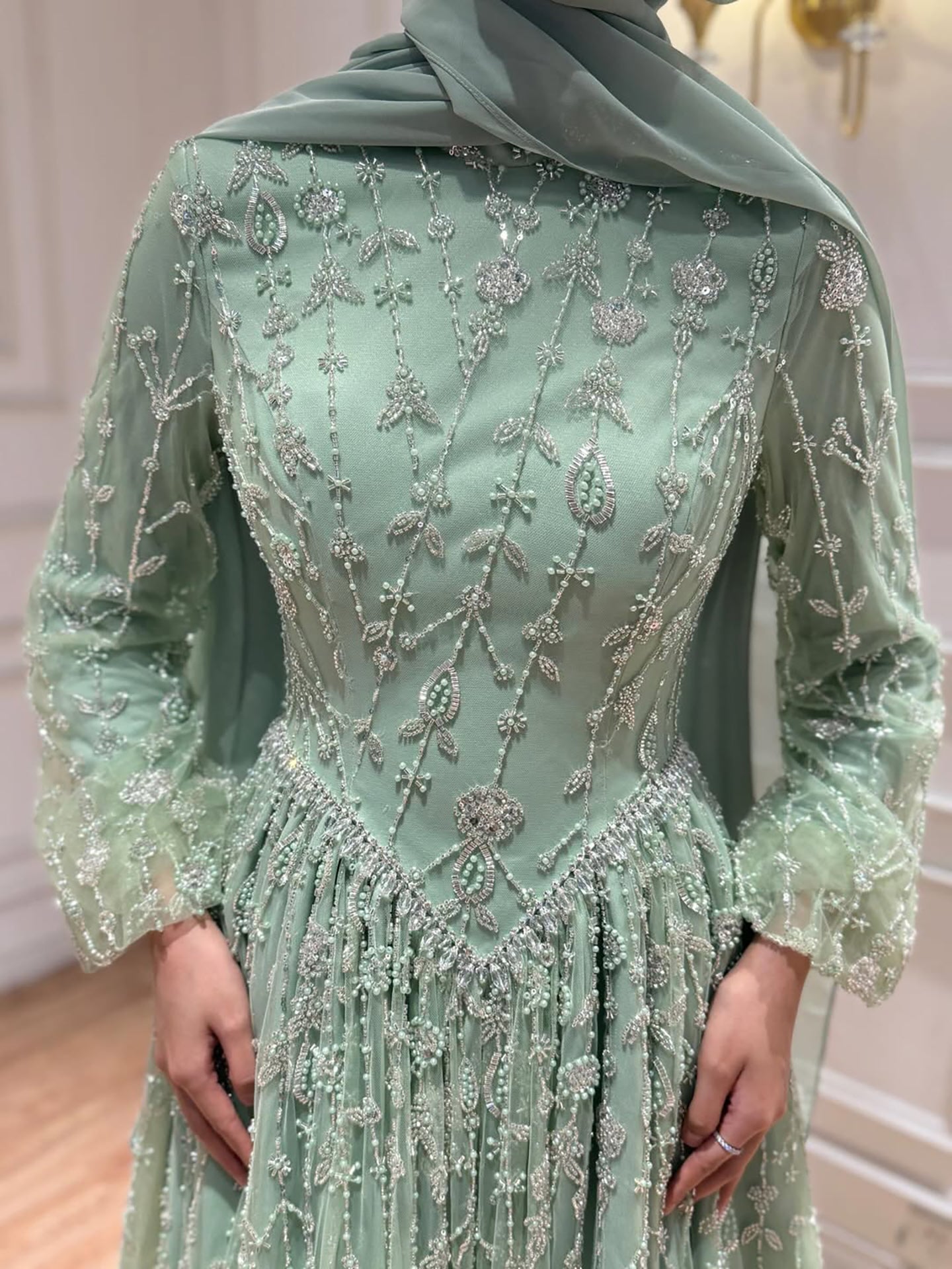 Luxury Sage Green Muslim Long Sleeve A-Line Evening Dress LA72805E