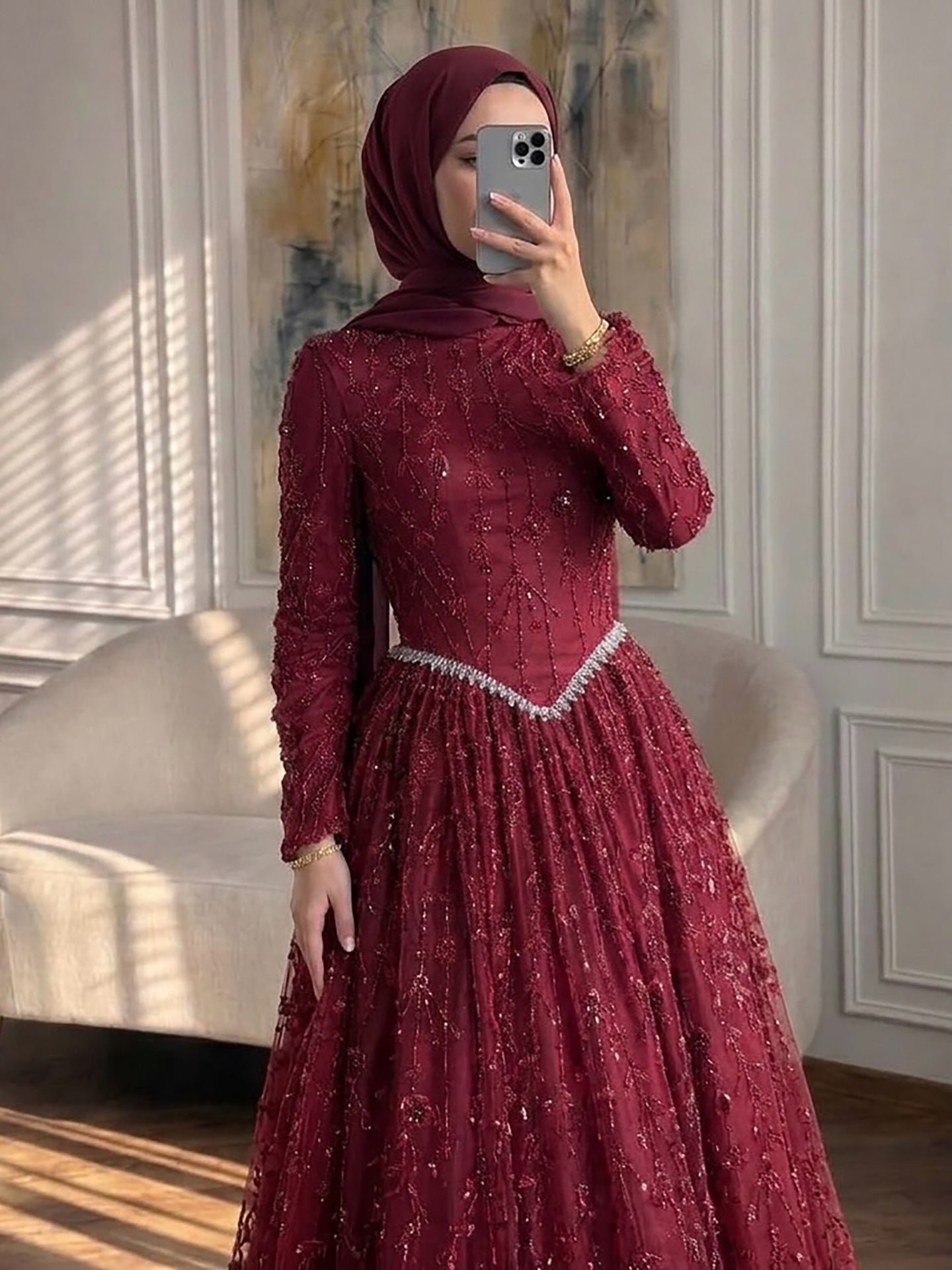 Luxury Sage Green Muslim Long Sleeve A-Line Evening Dress LA72805E SERENE HILL