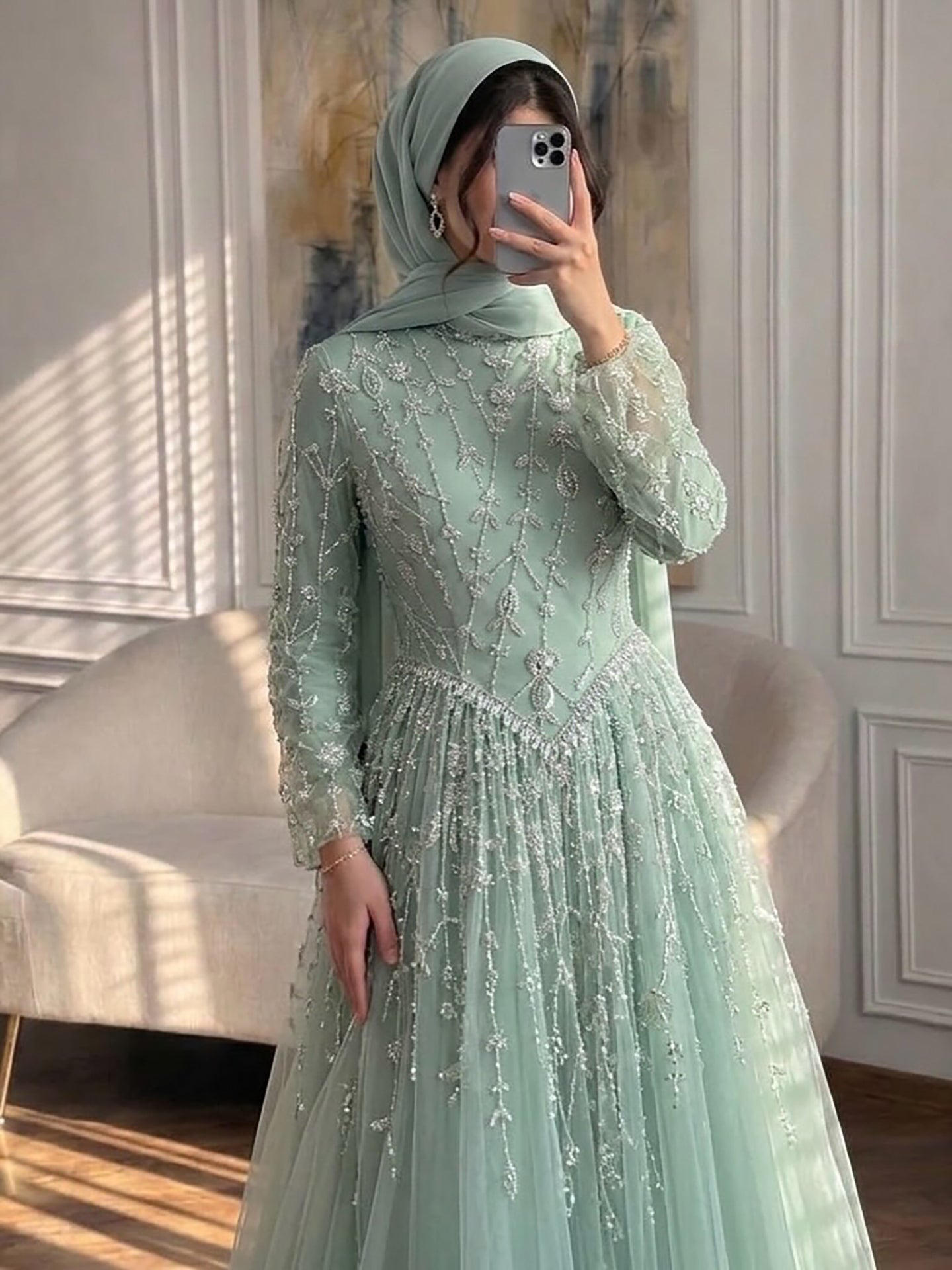 Luxury Sage Green Muslim Long Sleeve A-Line Evening Dress LA72805E