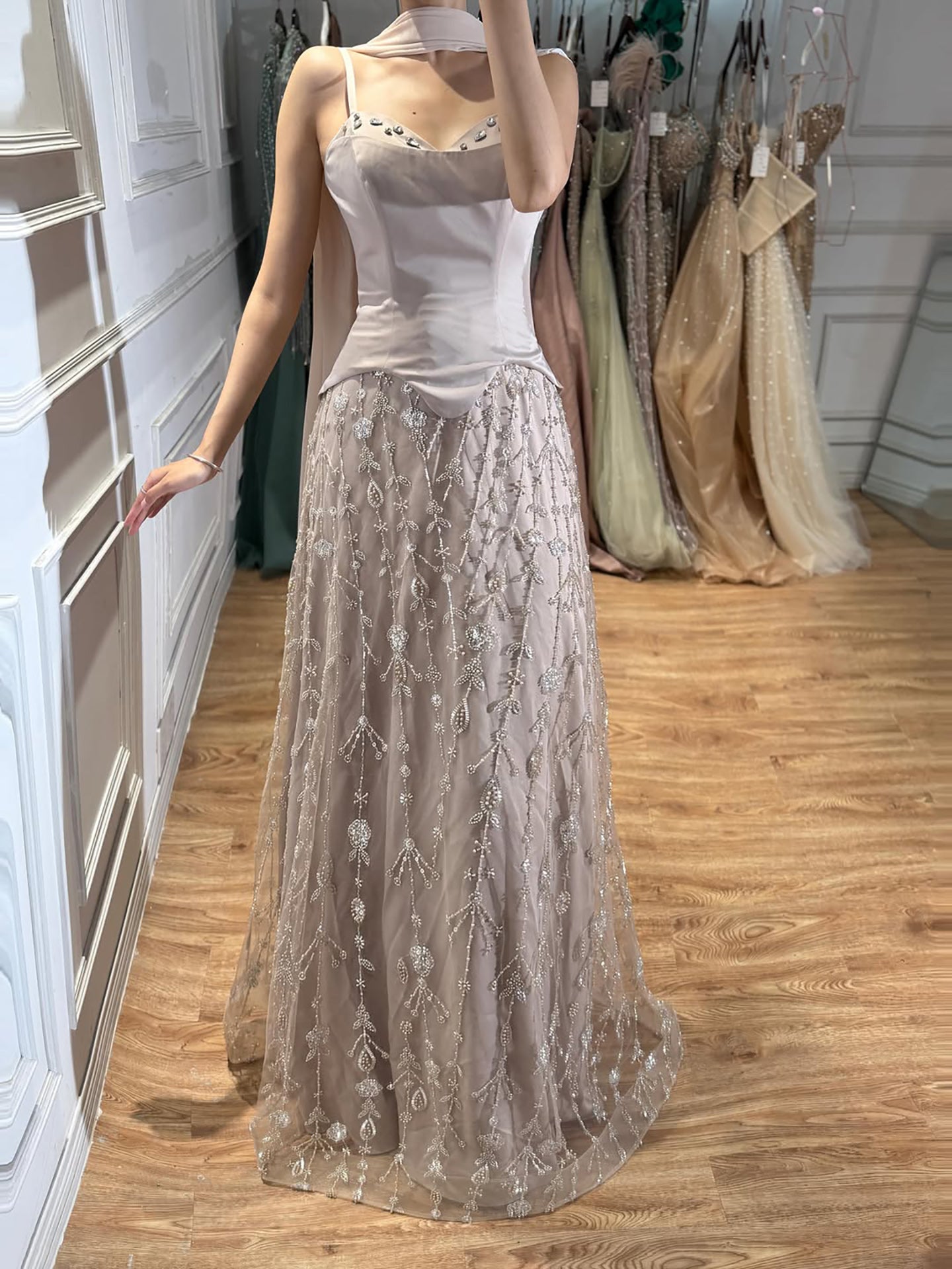 Luxury Nude Beaded Spaghetti Strap A Line Evening Dress LA72805F SERENE HILL