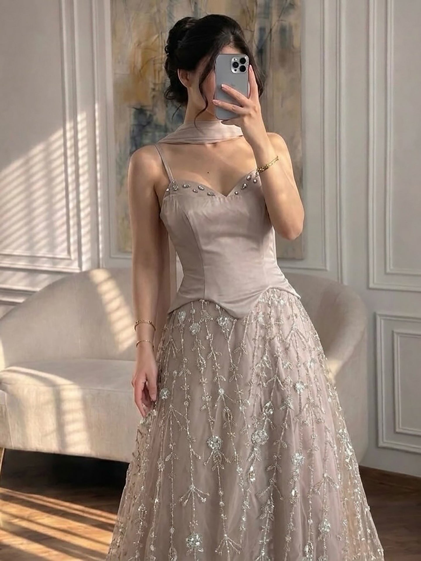 Luxury Nude Beaded Spaghetti Strap A Line Evening Dress LA72805F SERENE HILL