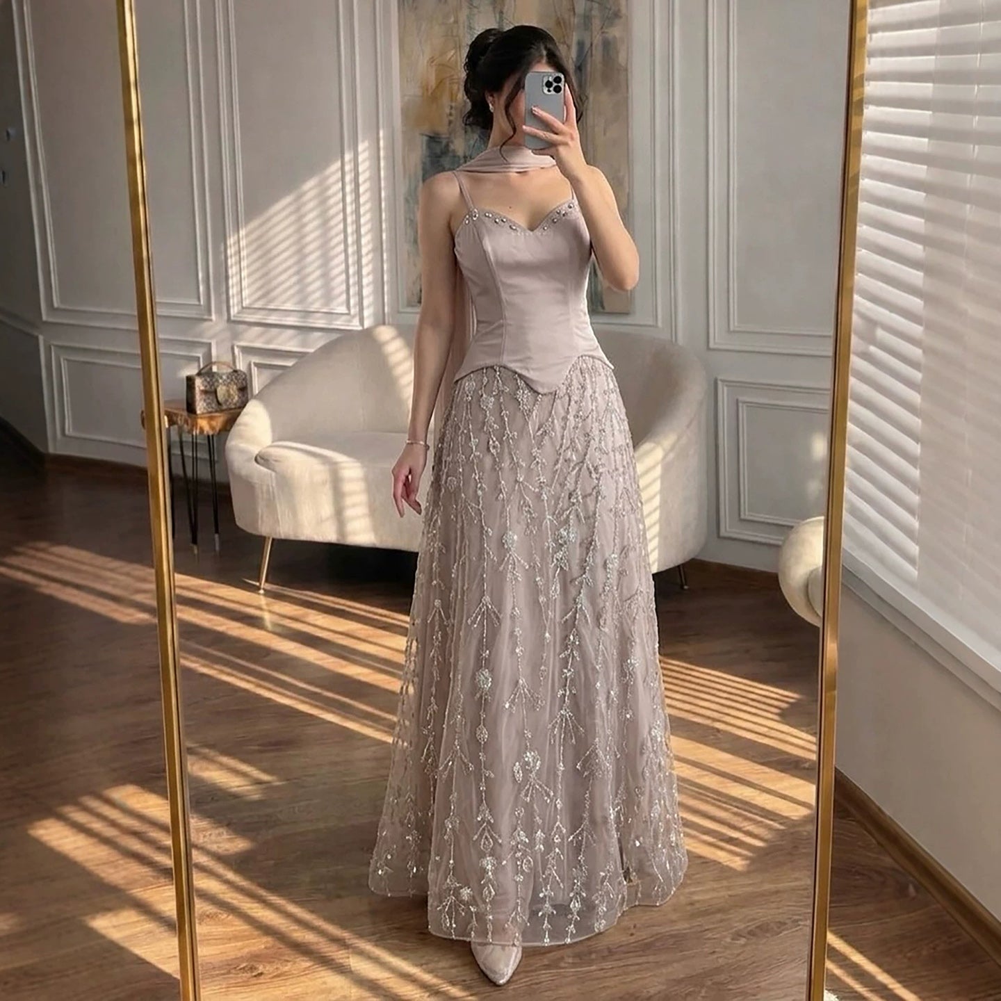 Luxury Nude Beaded Spaghetti Strap A Line Evening Dress LA72805F SERENE HILL