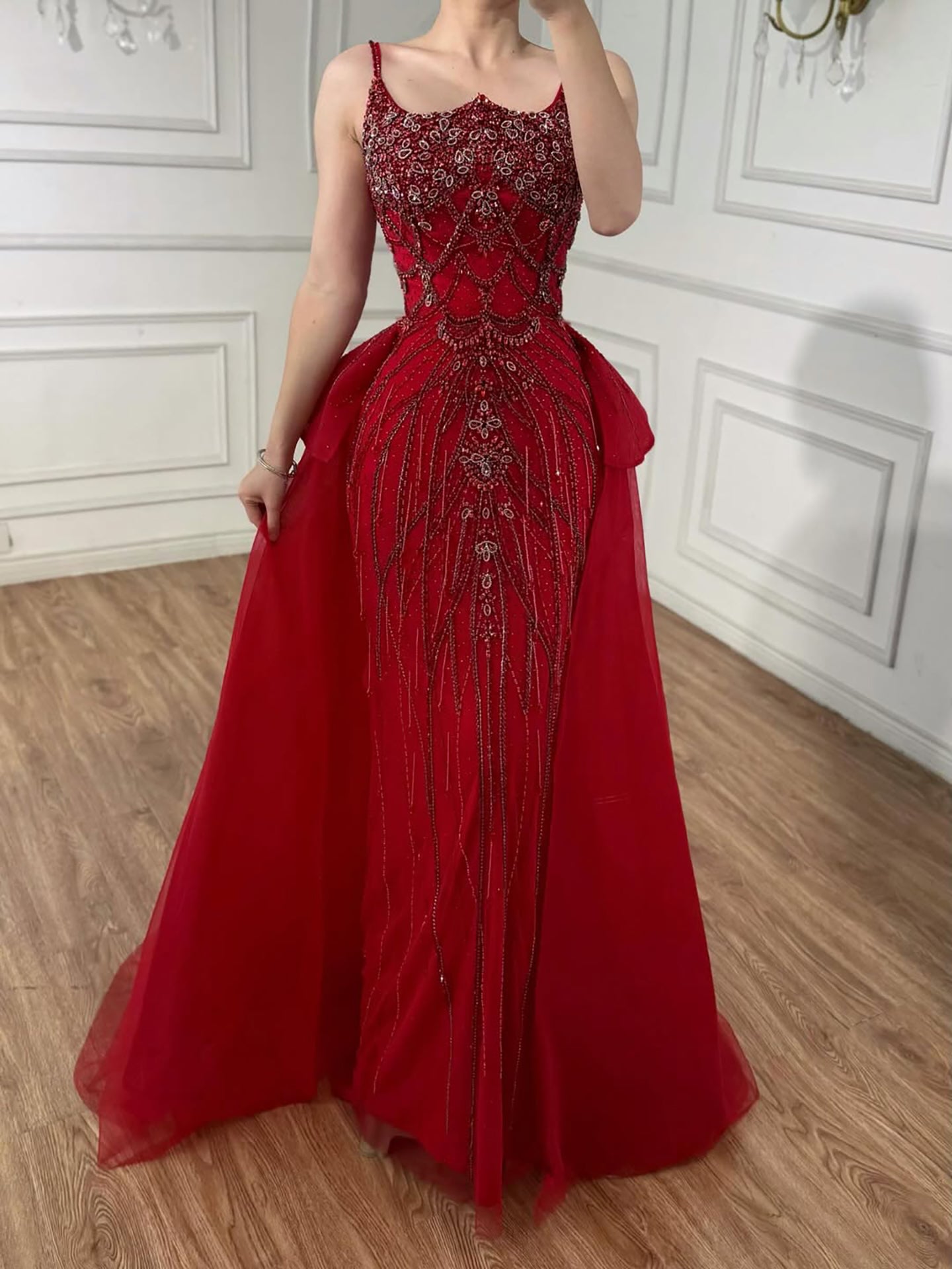 Luxury Dubai Nude Saudi Beaded Spaghetti Strap Evening Dress with Overskirt LA72810 - SERENE HILL