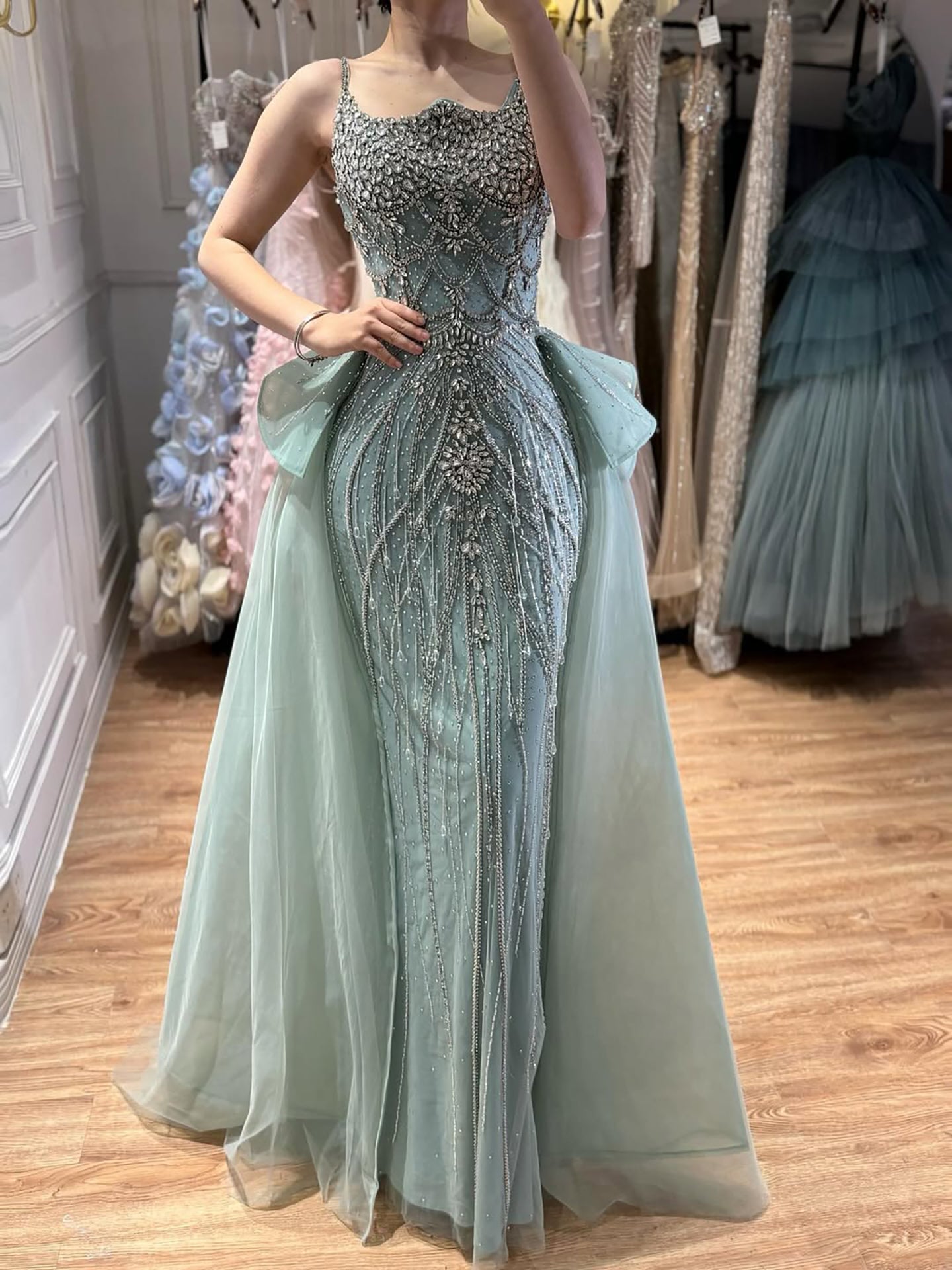 Luxury Dubai Nude Saudi Beaded Spaghetti Strap Evening Dress with Overskirt LA72810 - SERENE HILL
