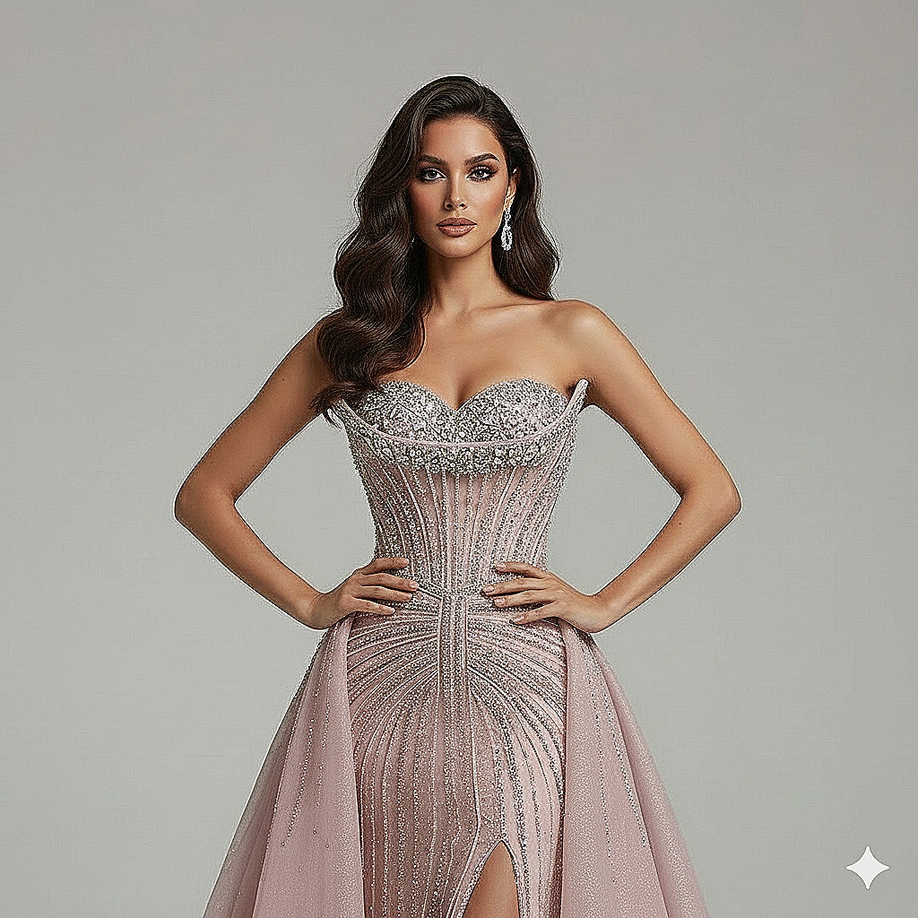 Luxury Dubai Nude Beaded Mermaid Evening Dress with Overskirt LA72811 - SERENE HILL