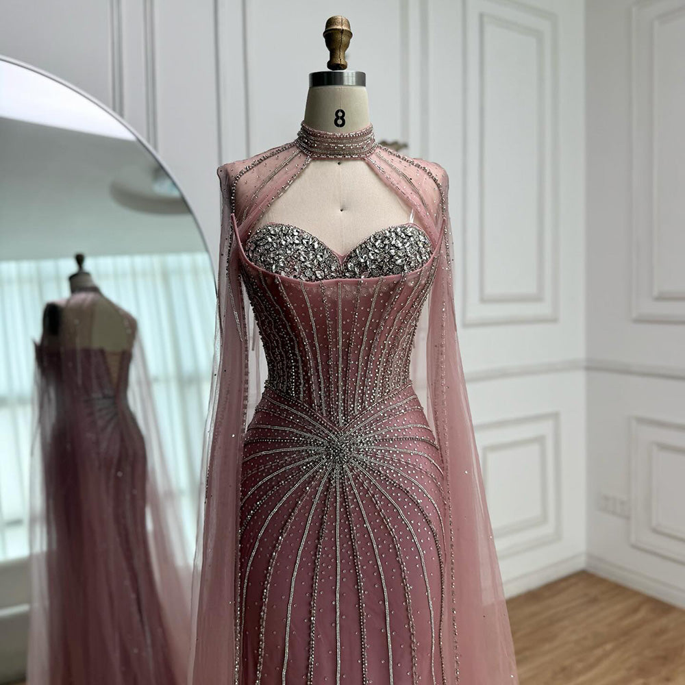 Nude Luxury Beaded Mermaid Evening Gown with Cape Sleeves LA72811A