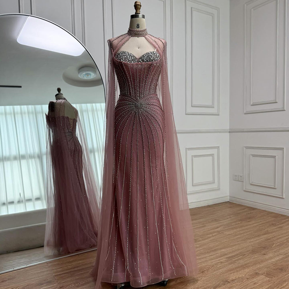 Nude Luxury Beaded Mermaid Evening Gown with Cape Sleeves LA72811A