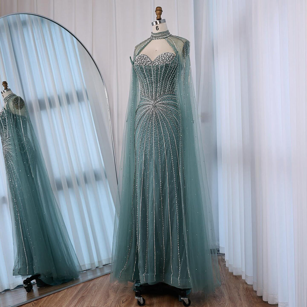 Nude Luxury Beaded Mermaid Evening Gown with Cape Sleeves LA72811A