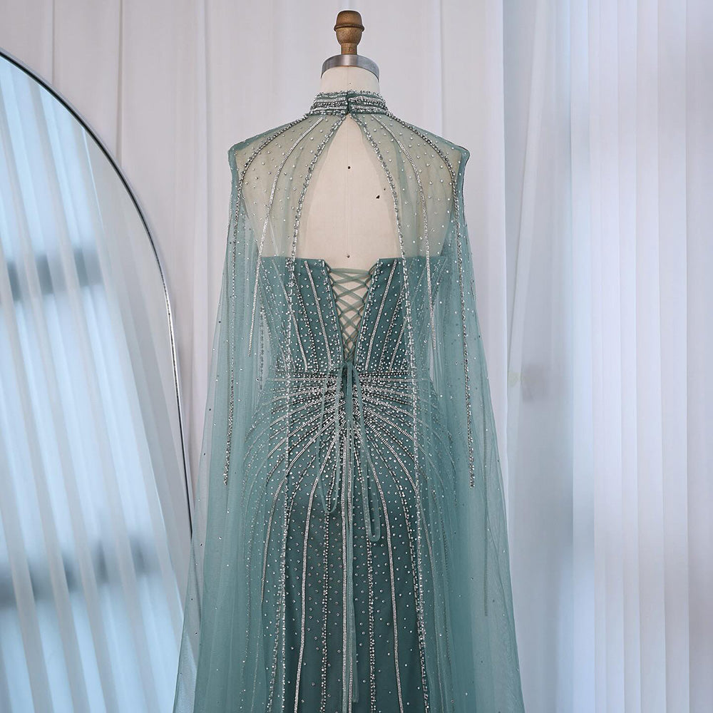 Nude Luxury Beaded Mermaid Evening Gown with Cape Sleeves LA72811A