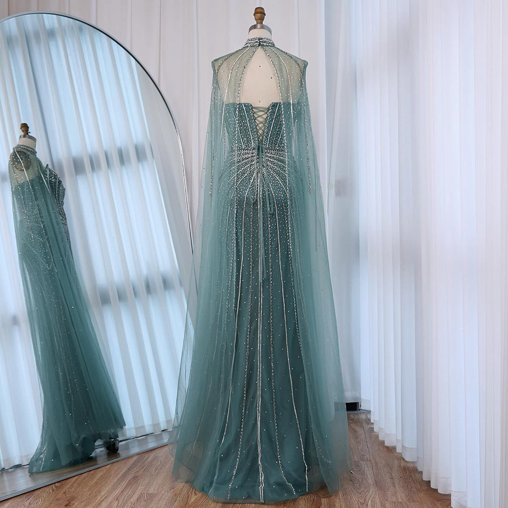 Nude Luxury Beaded Mermaid Evening Gown with Cape Sleeves LA72811A