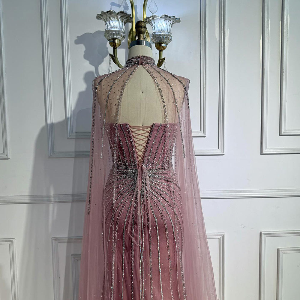 Nude Luxury Beaded Mermaid Evening Gown with Cape Sleeves LA72811A