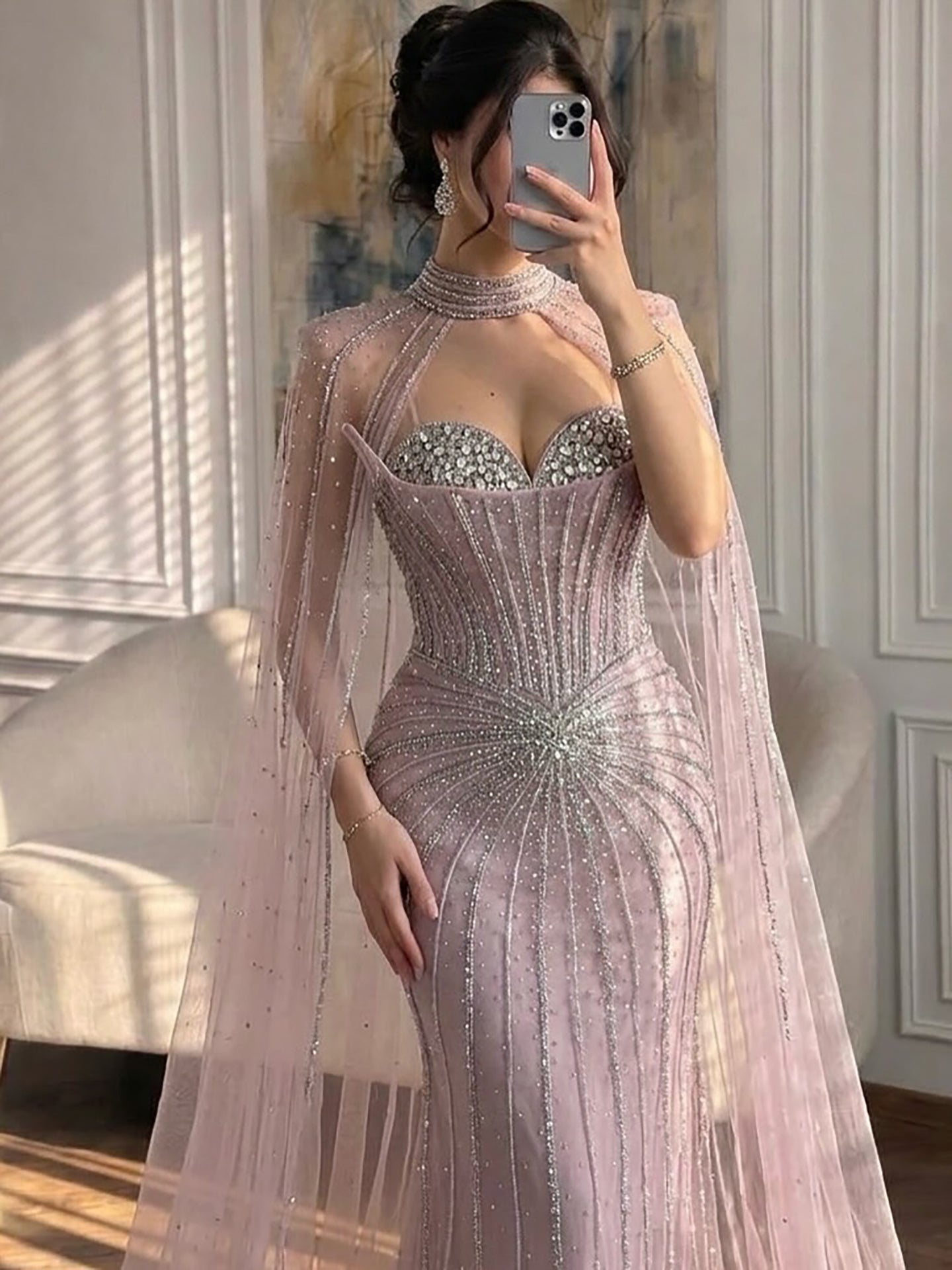 Nude Luxury Beaded Mermaid Evening Gown with Cape Sleeves LA72811A