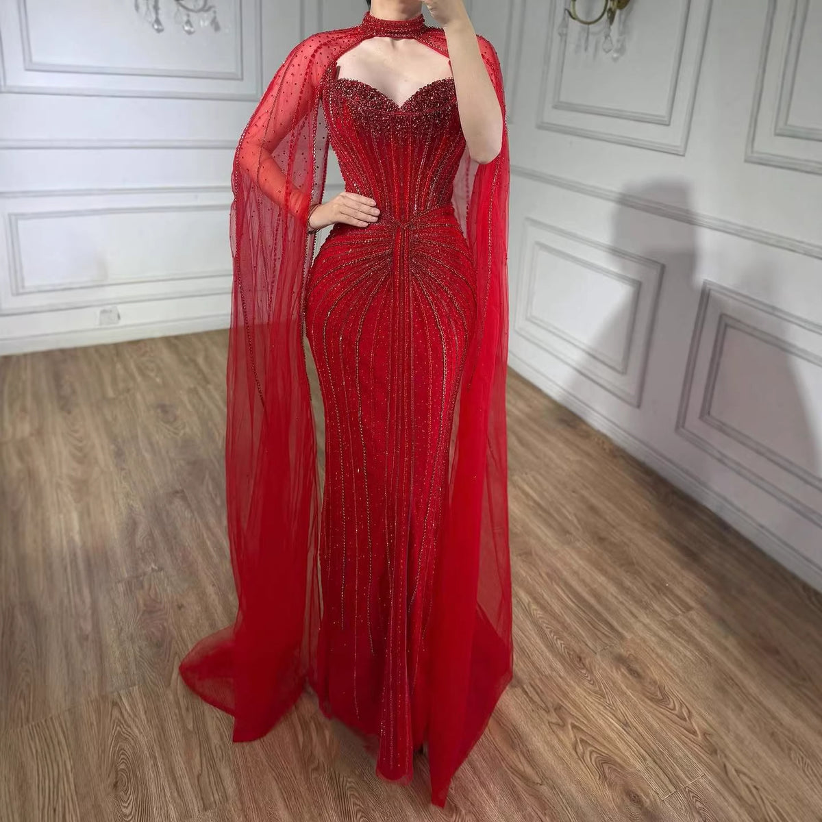 Luxury Dubai Caramel Beaded Evening Dress With Cape LA72811C - SERENE HILL