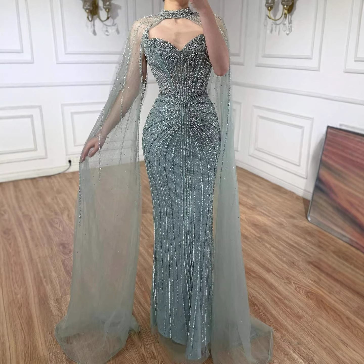 Luxury Dubai Caramel Beaded Evening Dress With Cape LA72811C - SERENE HILL