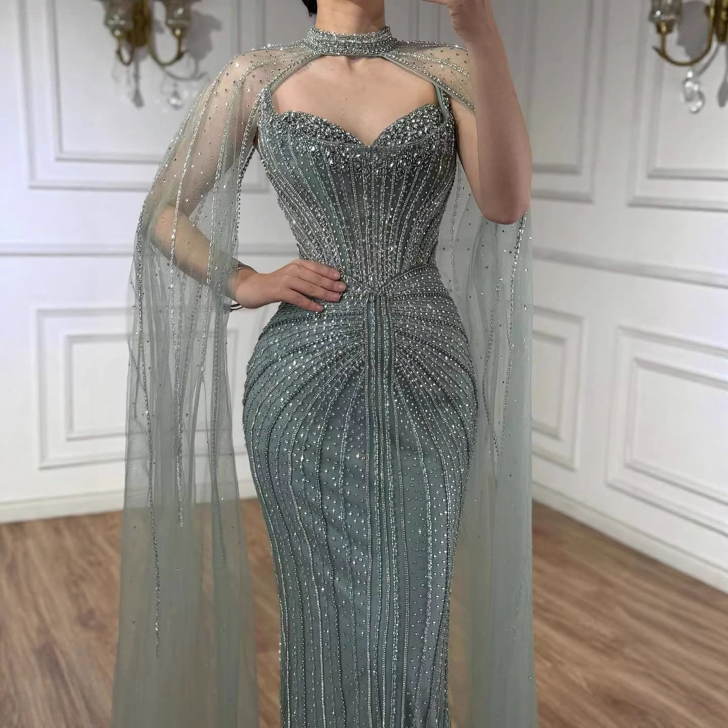 Luxury Dubai Caramel Beaded Evening Dress With Cape LA72811C - SERENE HILL