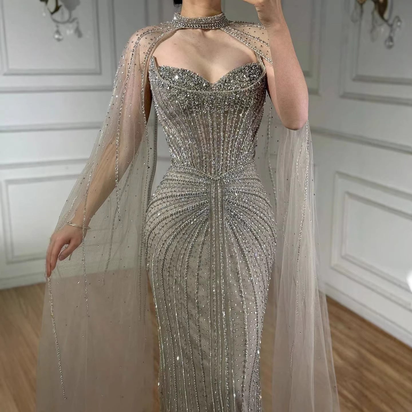 Luxury Dubai Caramel Beaded Evening Dress With Cape LA72811C - SERENE HILL