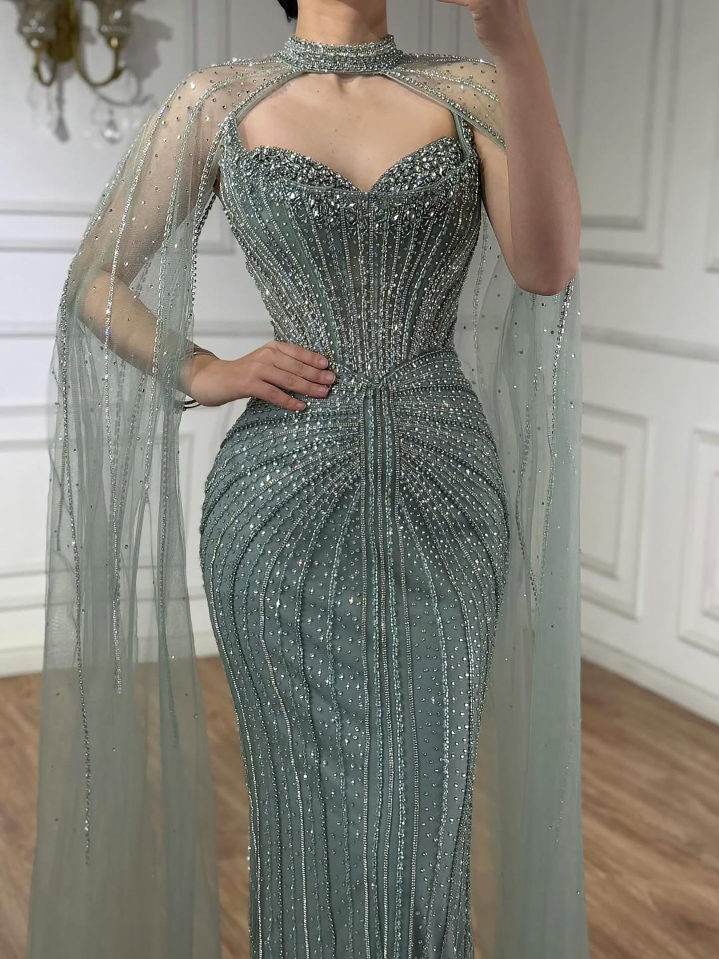 Luxury Dubai Caramel Beaded Evening Dress With Cape LA72811C - SERENE HILL