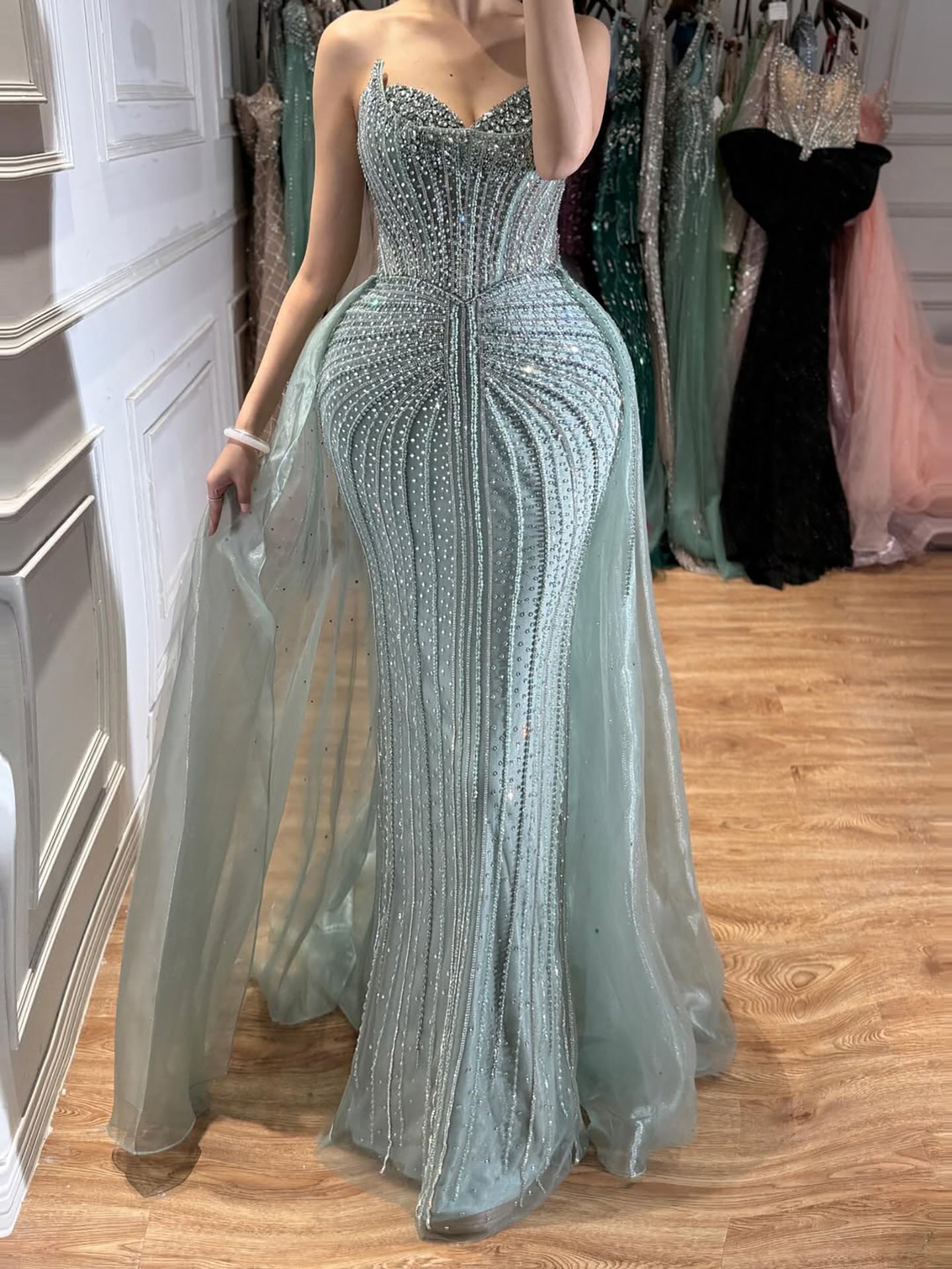 Luxury Caramel Crystal Beaded Mermaid Evening Dress With Overskirt LA72811D SERENE HILL