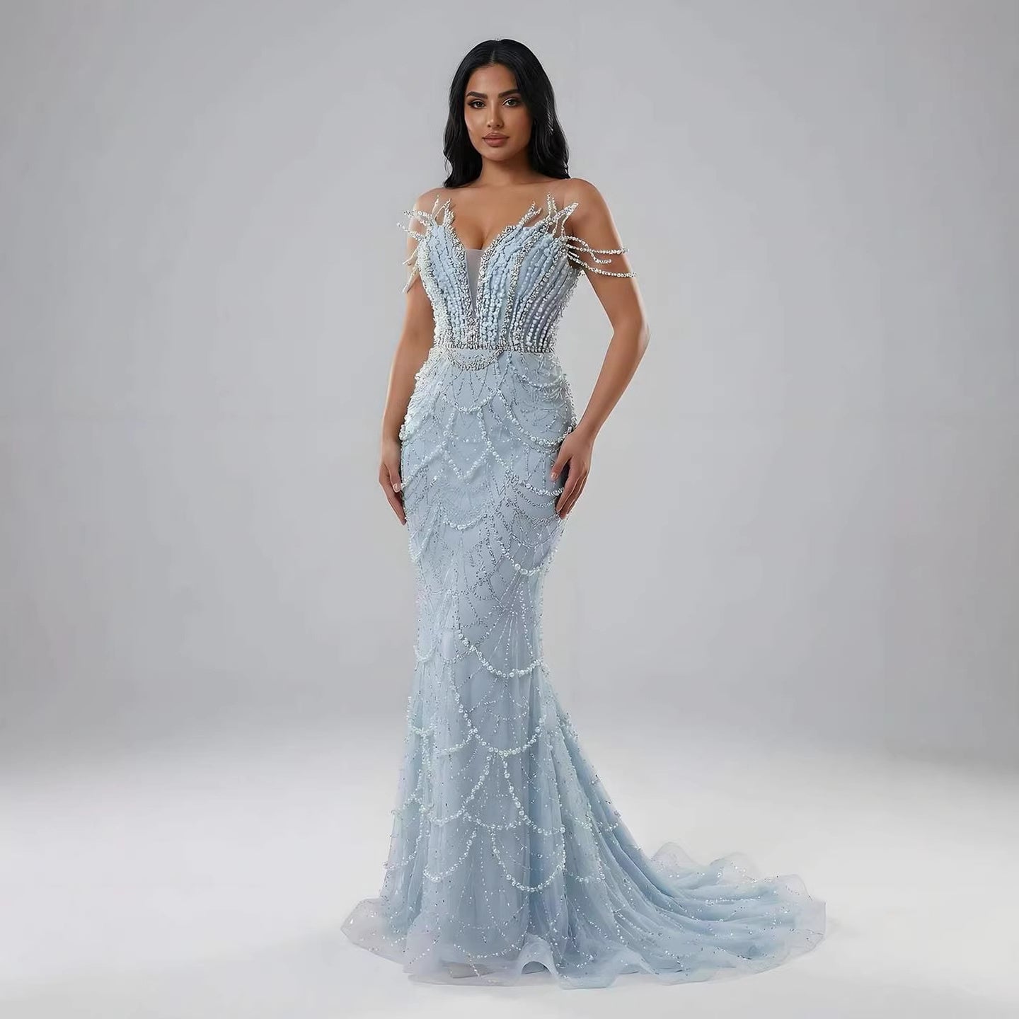 Luxury Dubai Nude Saudi Pearls Beaded Mermaid Evening Dresses Gowns for Formal Occasion LA72816