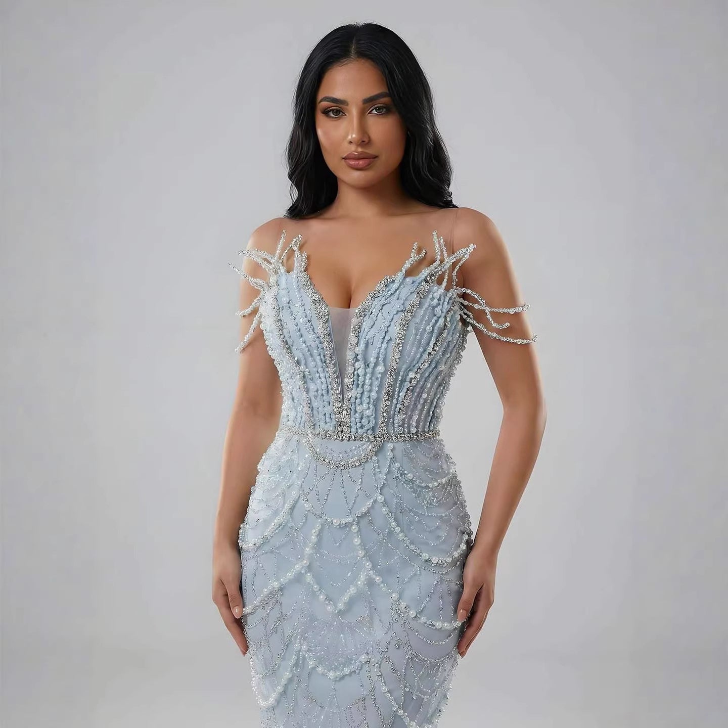 Luxury Dubai Nude Saudi Pearls Beaded Mermaid Evening Dresses Gowns for Formal Occasion LA72816