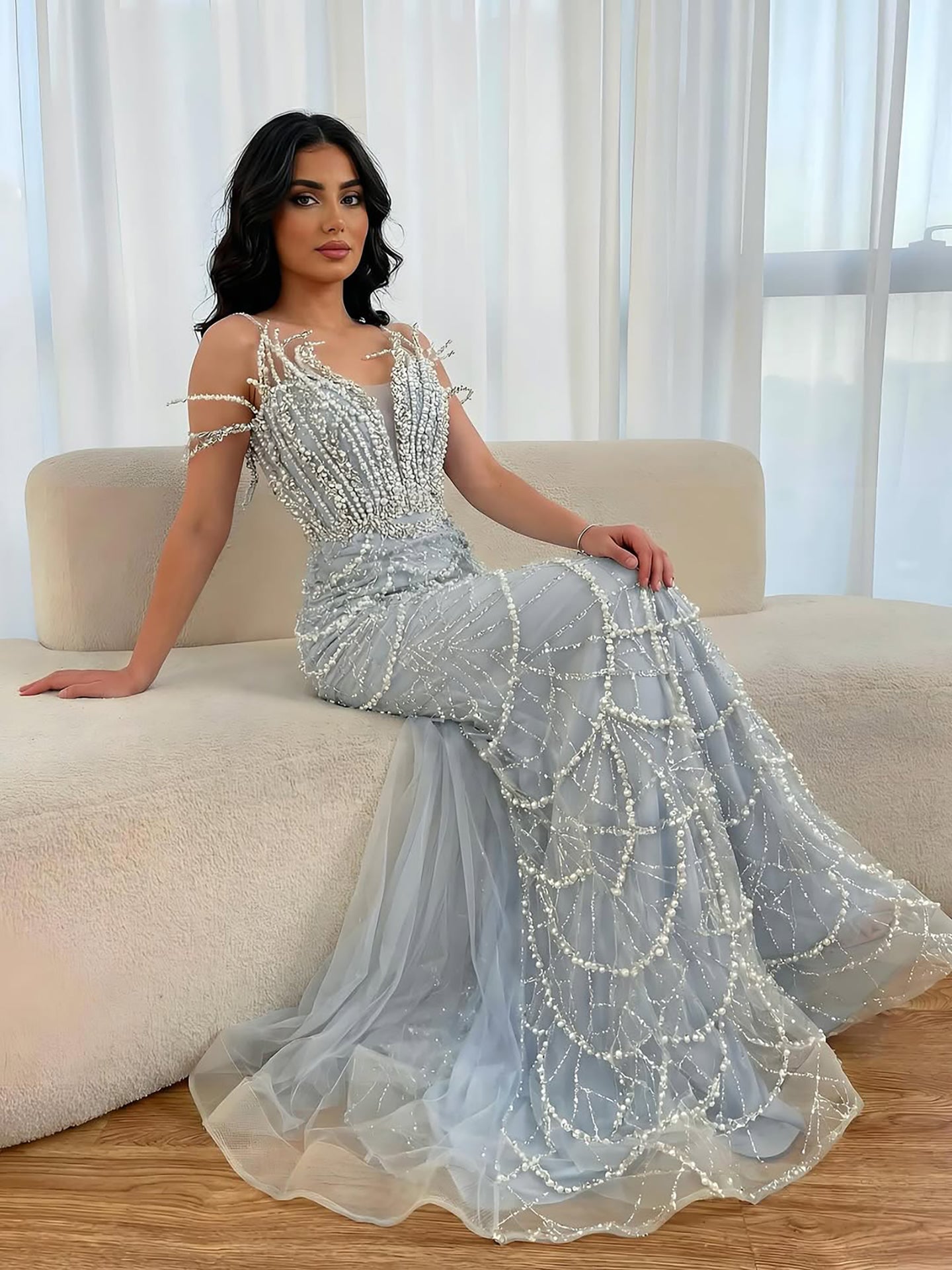 Luxury Dubai Nude Saudi Pearls Beaded Mermaid Evening Dresses Gowns for Formal Occasion LA72816