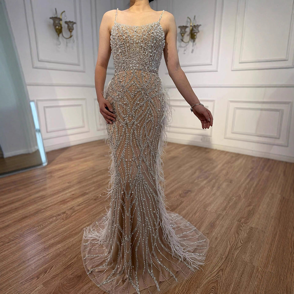 Luxury White Nude Spaghetti Strap Feathers Beaded Mermaid Dress LA72823 - SERENE HILL