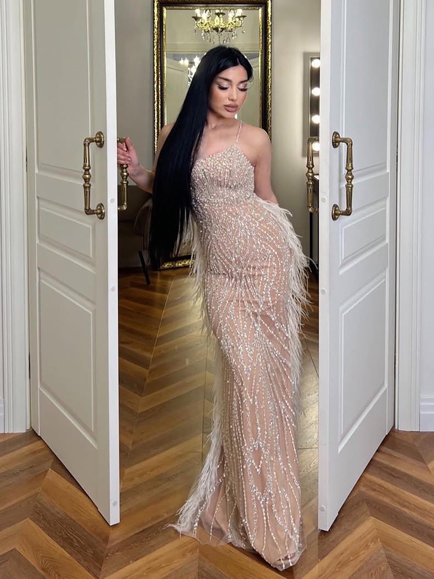 Luxury White Nude Spaghetti Strap Feathers Beaded Mermaid Dress LA72823 - SERENE HILL