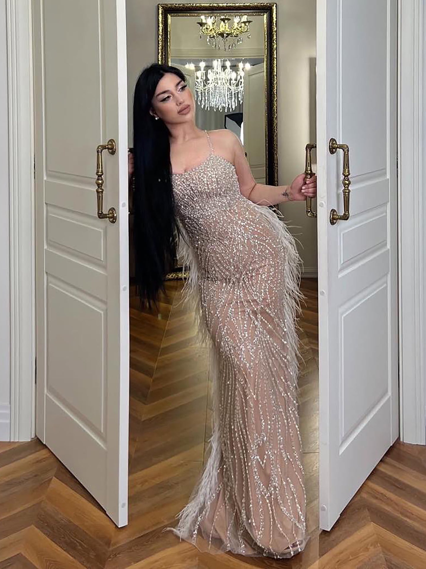 Luxury White Nude Spaghetti Strap Feathers Beaded Mermaid Dress LA72823 - SERENE HILL