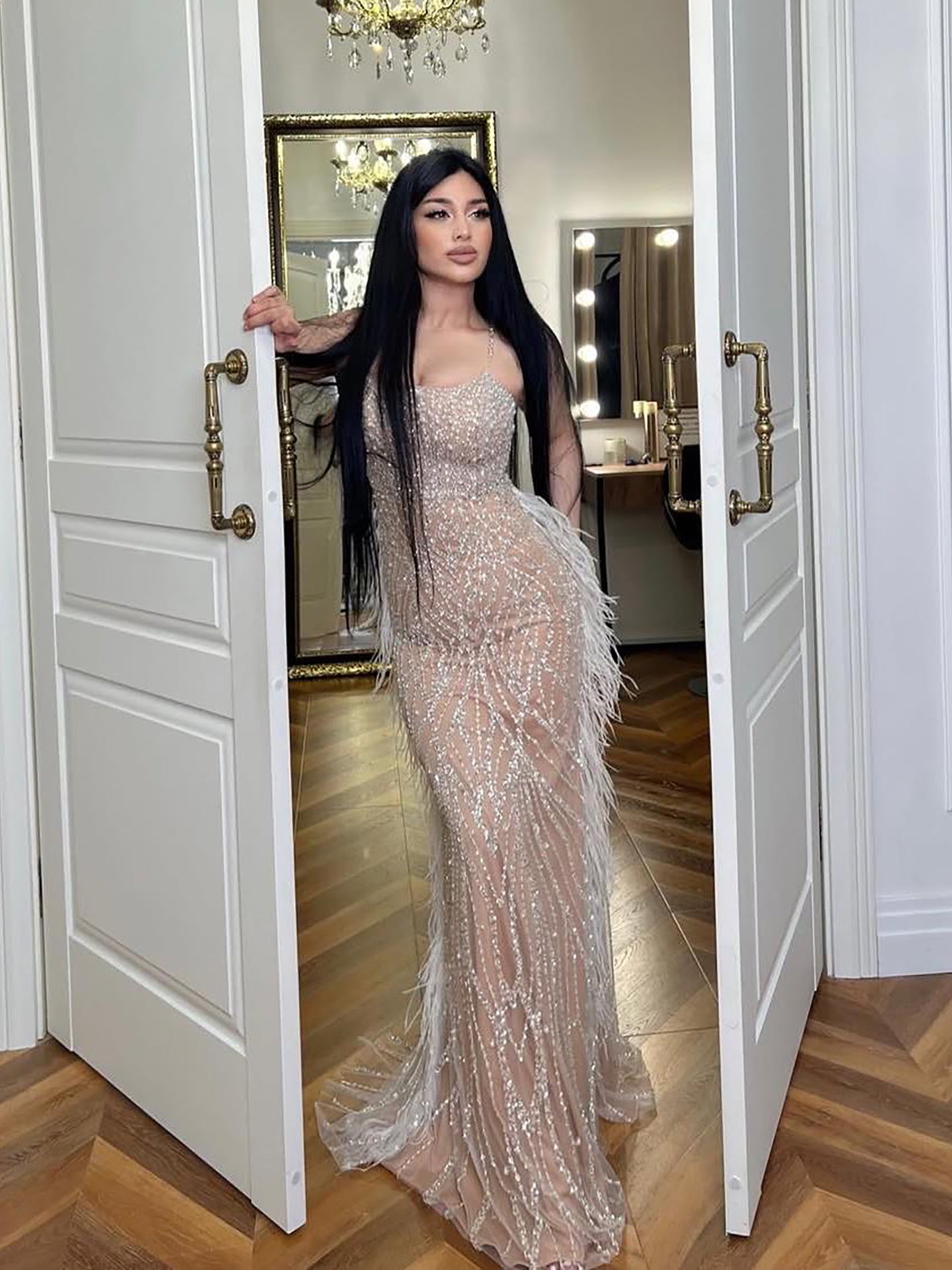 Luxury White Nude Spaghetti Strap Feathers Beaded Mermaid Dress LA72823 - SERENE HILL