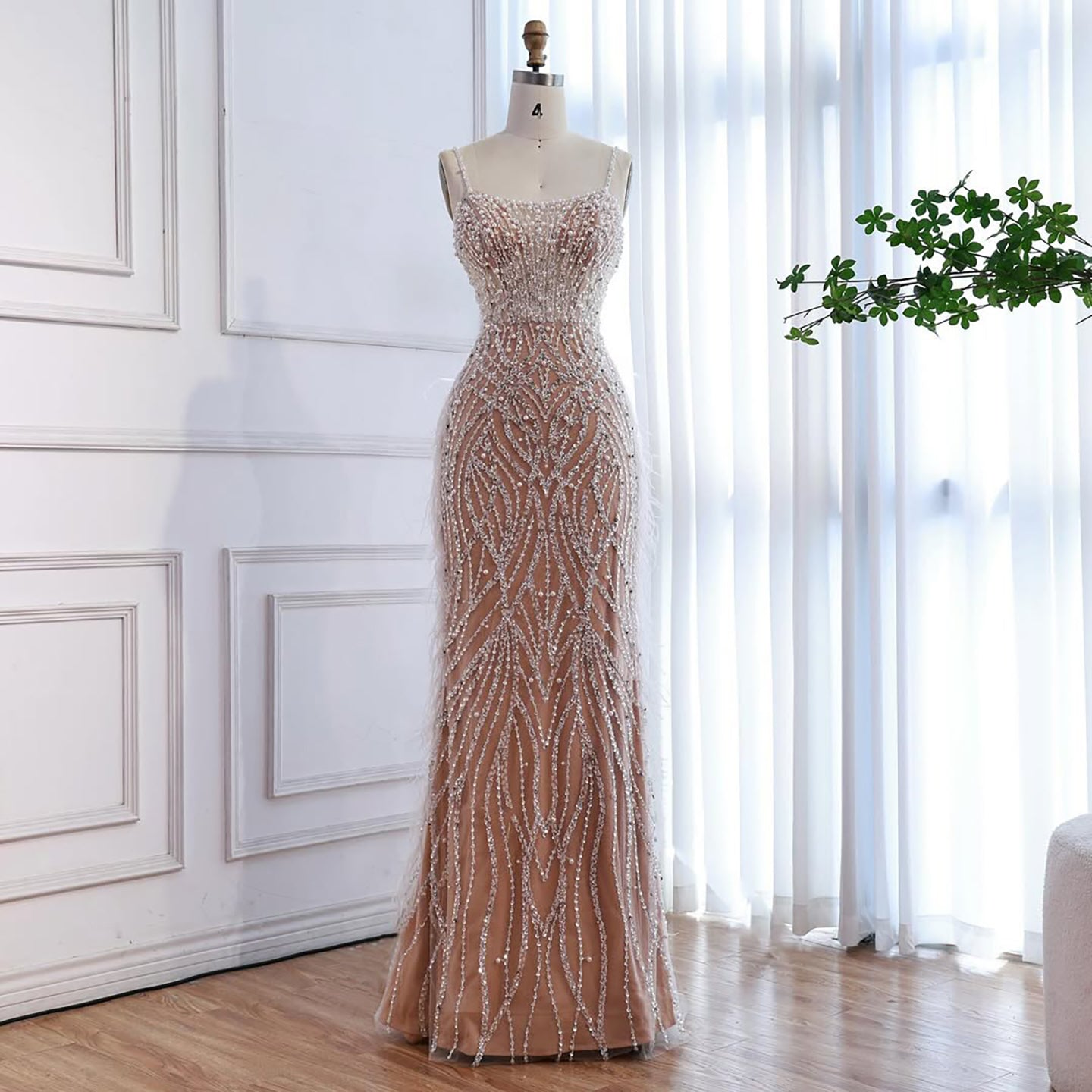 Luxury White Nude Spaghetti Strap Feathers Beaded Mermaid Dress LA72823 - SERENE HILL