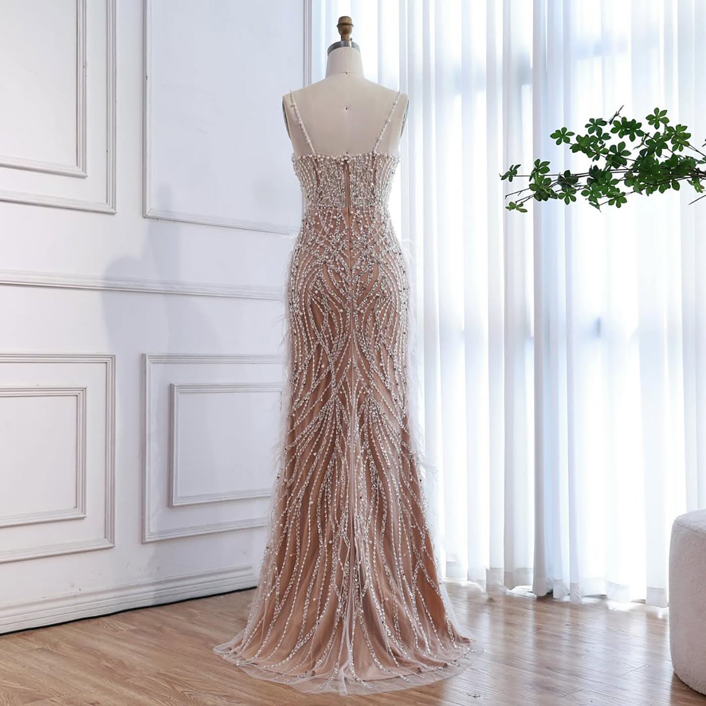 Luxury White Nude Spaghetti Strap Feathers Beaded Mermaid Dress LA72823 - SERENE HILL