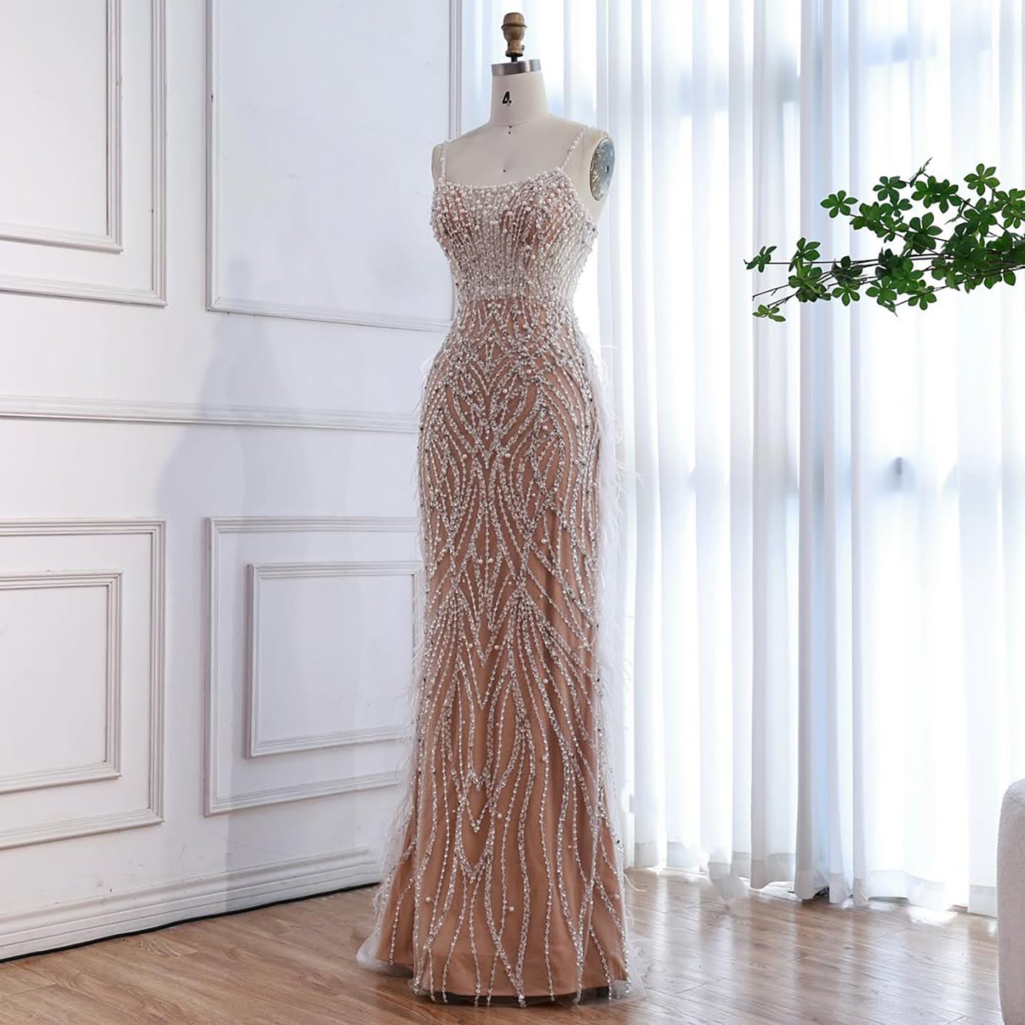 Luxury White Nude Spaghetti Strap Feathers Beaded Mermaid Dress LA72823 - SERENE HILL