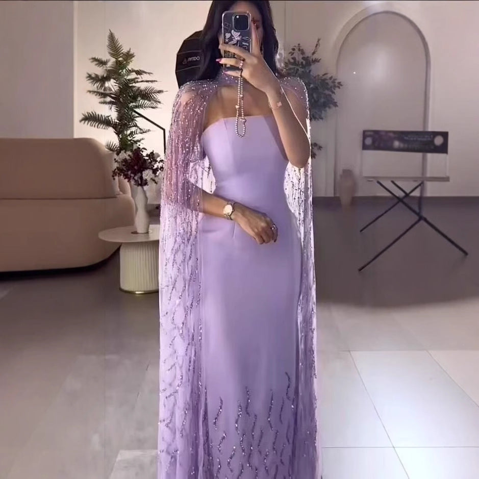 Lilac Elegant Evening Dresses with Luxury Beaded Long Cape Gown for Party LA72828 - SERENE HILL