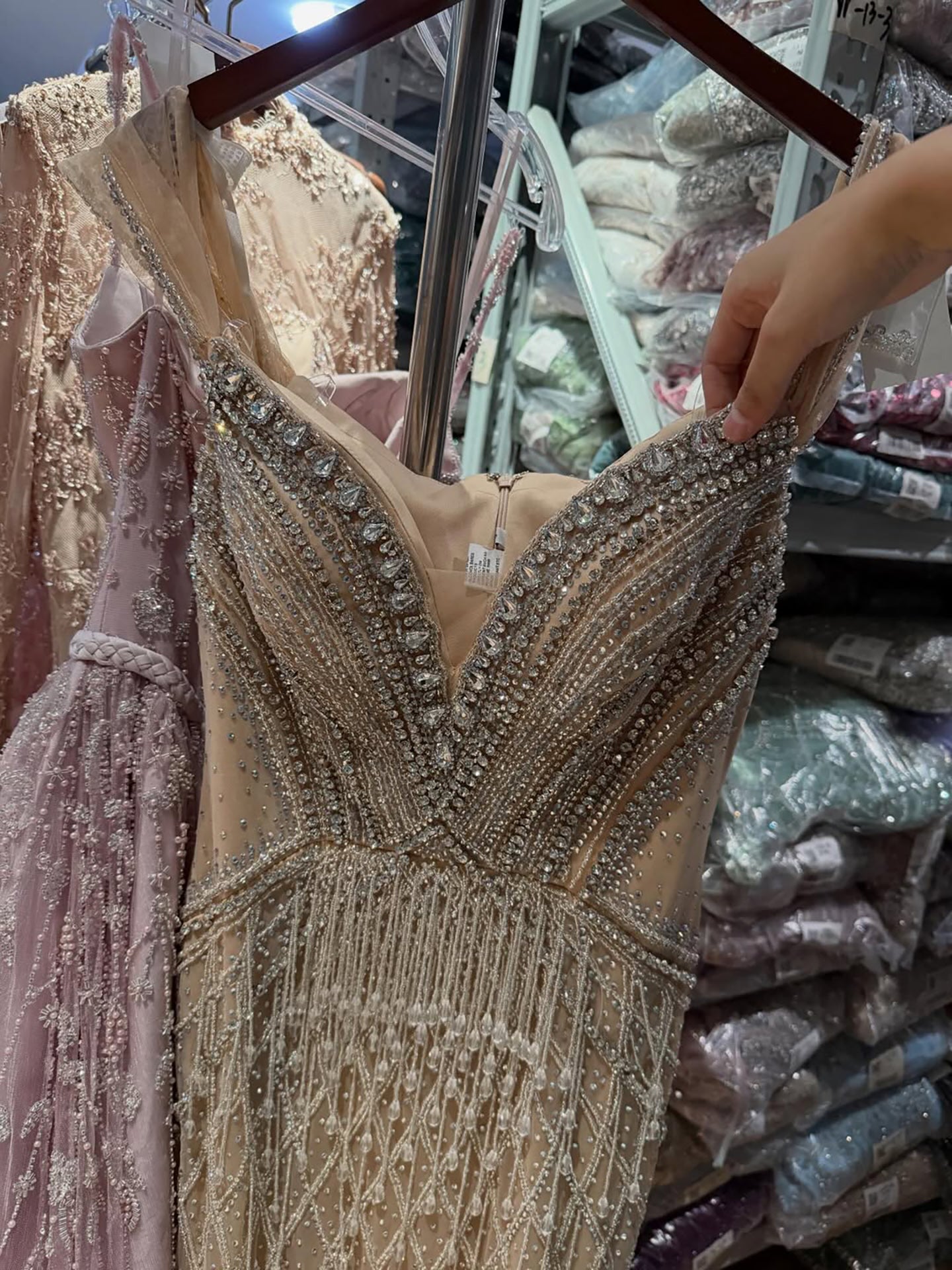 Saudi Arabic Off Shoulder Nude Beaded Tulle Mermaid Evening Gown LA72854