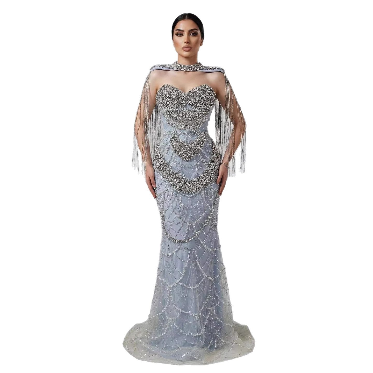 Luxury Dubai Nude Beaded Evening Dress with Tassel Short Cape LA72876